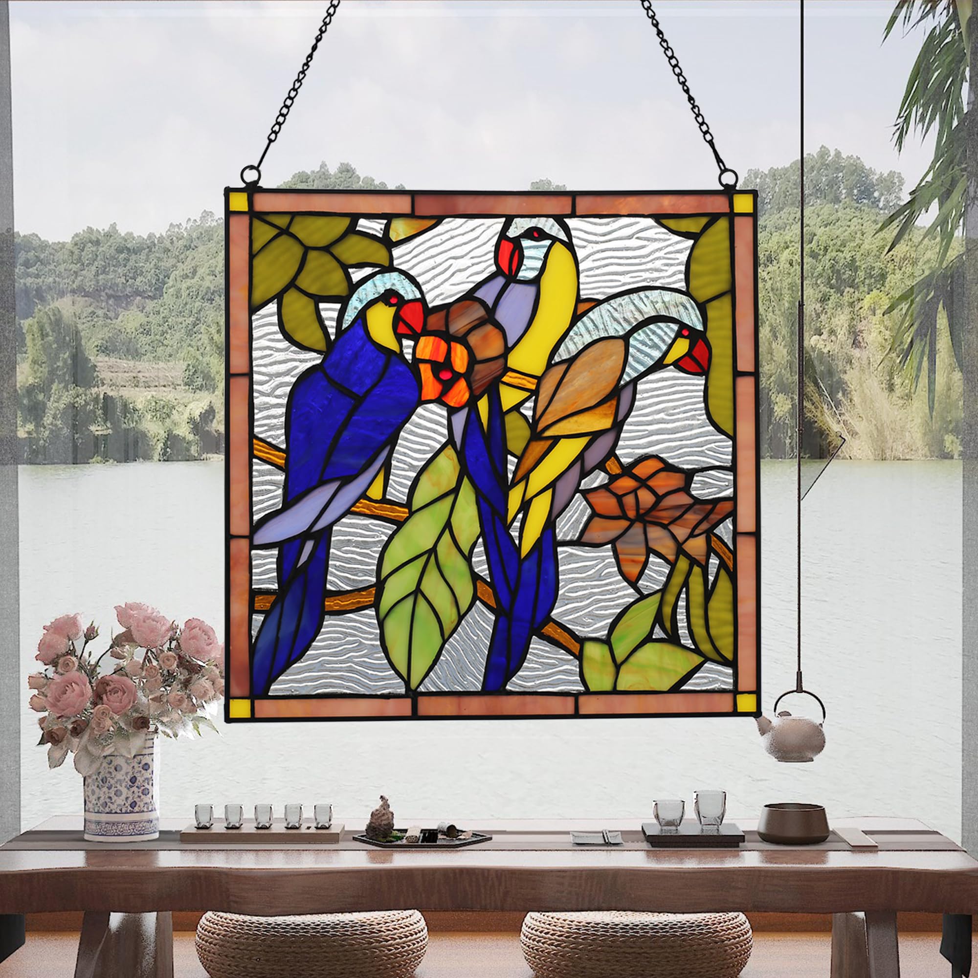 Quadratisches Buntglas-Fensterpaneel, handgefertigt, Tiffany-Stil, 30,5 cm, perfekt für Wohnzimmer, Schlafzimmer, Küche, Dekoration, Einweihungsgeschenk (Papagei)