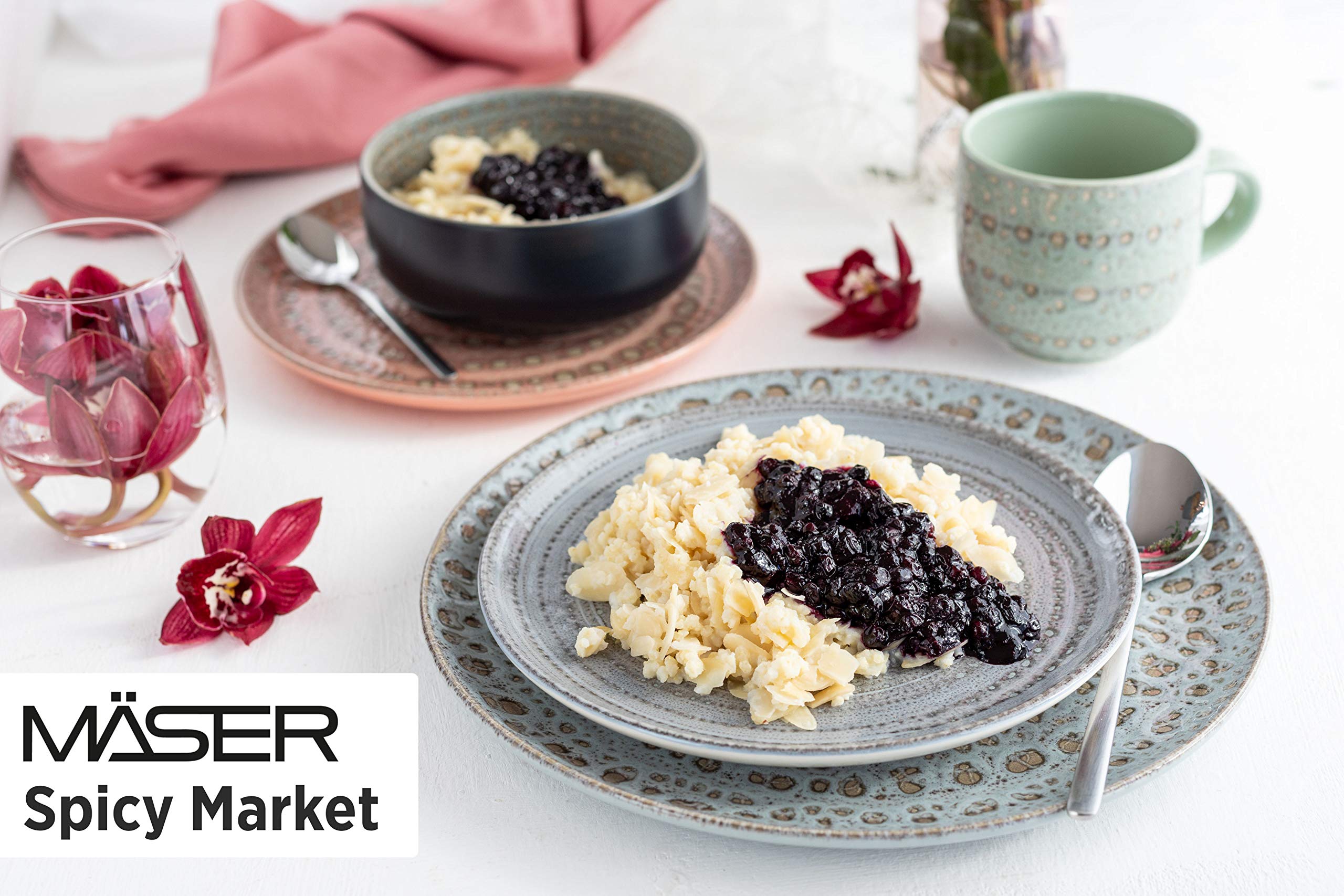 MÄSER 931744 Serie Spicy Market, Handbemaltes Geschirr Set für 4 Personen in mediterranem Vintage Design, 16-teiliges Kombiservice aus Keramik, Grün, Steingut
