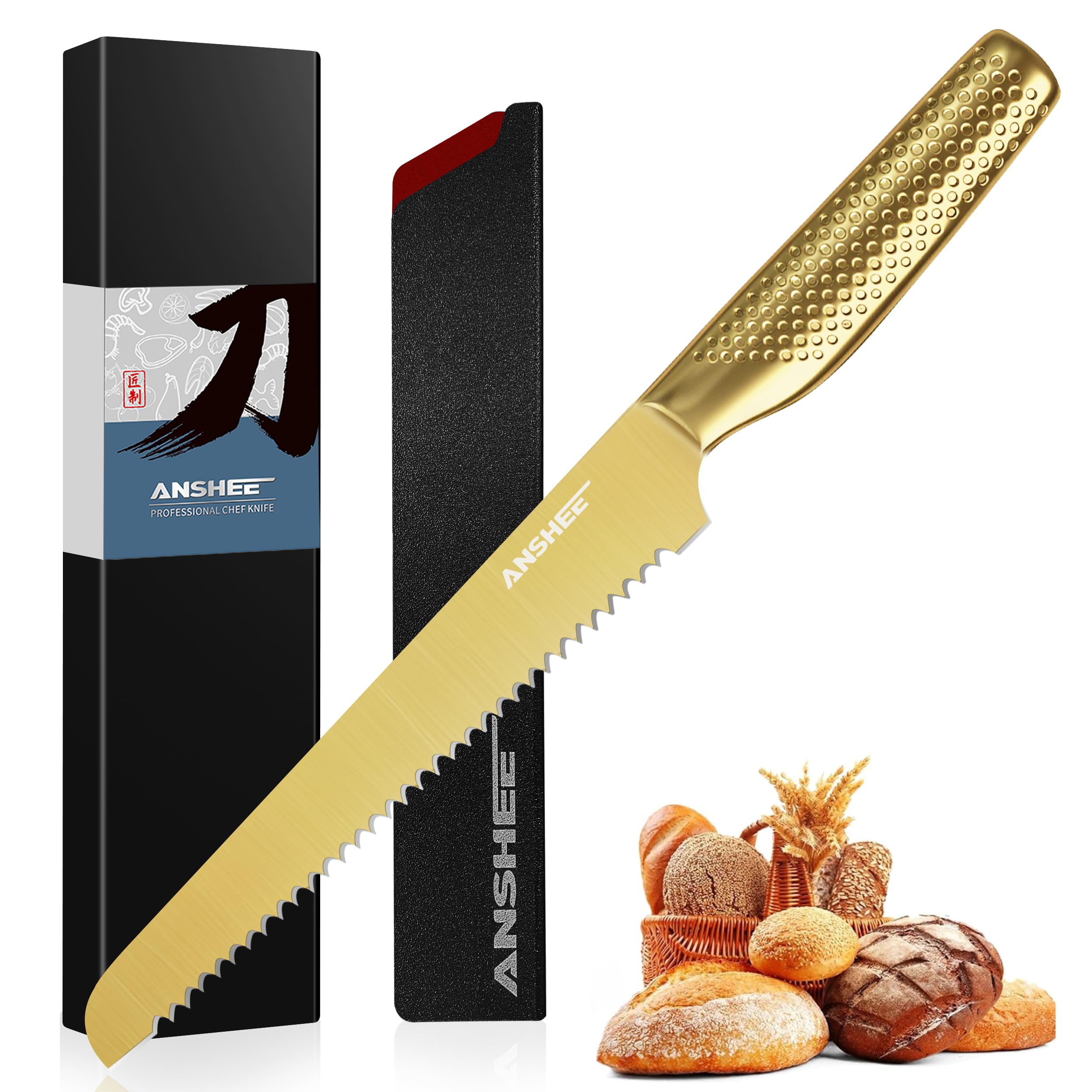 anshee 8 Inch Japanese Bread Knife Gold-Colored High Carbon Steel Serrated Blade,Sheath&Gift Box,Razor Sharp Edge for Sourdough,Baguettes&Cakes,Professional Knife for Bakers(Home&Restaurants)