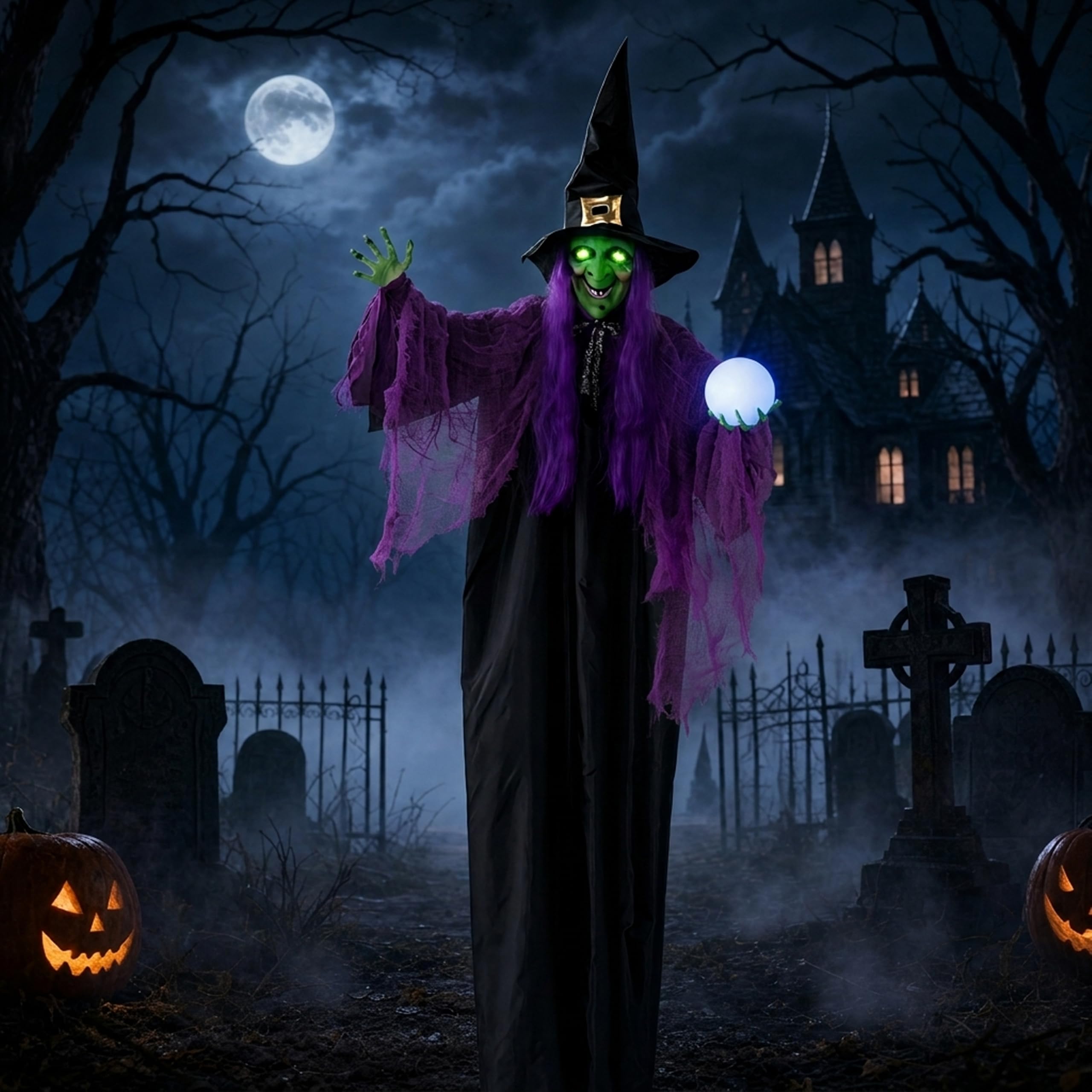 JOYIN 78"Decorazione Strega Appesa Halloween con Palla Magica,Strega Parlante Animata Appesa con Occhi Luminosi e Suono per Decorazioni Prato Casa Stregata Halloween