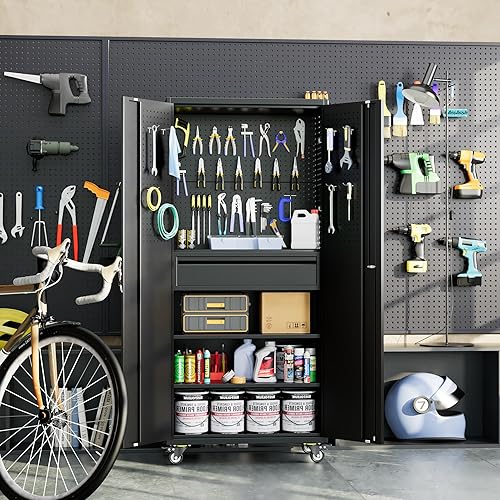 Miniatura 168 de Armario de almacenamiento de metal con tablero de clavijas de 31.5 x 31.5 x 16.5 pulgadas, armario de almacenamiento de acero con cerradura con 5