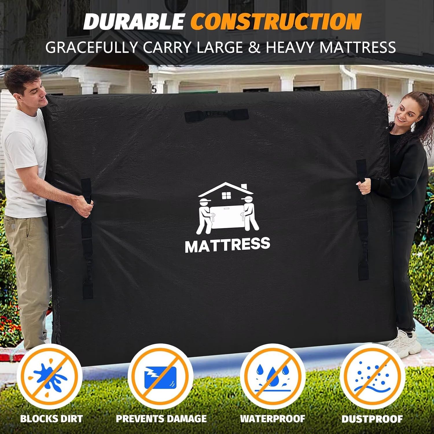 Mattress Bags for Moving, BETU Mattress Protector Waterproof Mattress Cover Crib Size Storage Bags with 8 Heavy-Duty Handles and Zipper for Bed Extra Thick Large Reusable (52"x28"x6.5",Black)