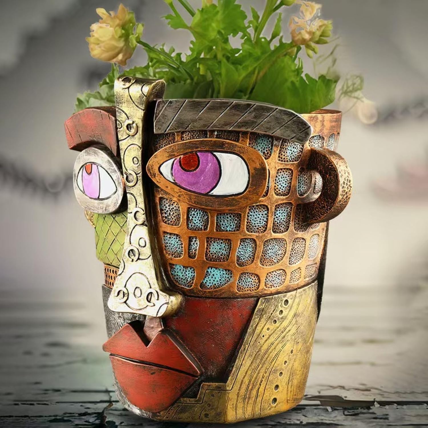 Colorful Retro Picasso-Style Abstract Art Face Planter Urn, Flower Pots for Indoor Flowers, Garden, Balcony Decorations, Plant Accessories (Small)