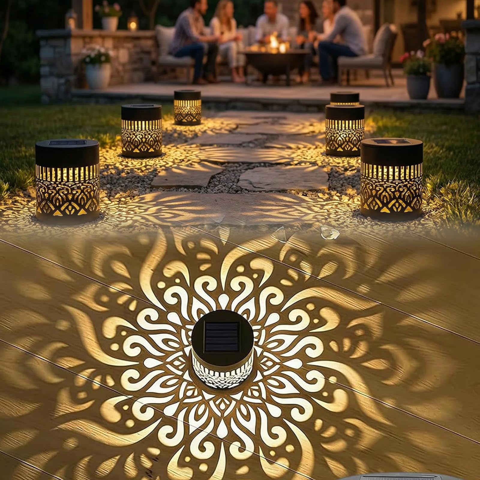 HIDRUO Decorative Solar Mandala Lights, Solar Mandala Lights Outdoor, Metal Solar Powered Outdoor Deck Step Wall Lights, Mandala Theme Waterproof Fence Light for Garden (2, Mandala Warm Light)