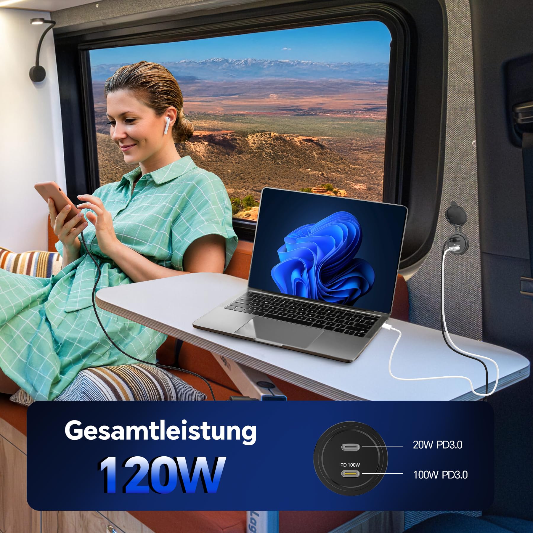 acegoo 12V USB C Steckdose 100W PD & 20W PD, Wohnmobil Auto USB Dose Buchse 12 Volt KFZ Wasserdicht Laptop Einbau Ladegerät für Camper Auto Motorrad Boot LKW Wohnwagen, 2 Stück