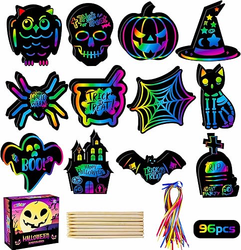 MGparty Arte de papel para rascar para niños, 96 piezas de Halloween Magic Rainbow Scratch Paper Off Cards Set para niños, manualidades, suministros