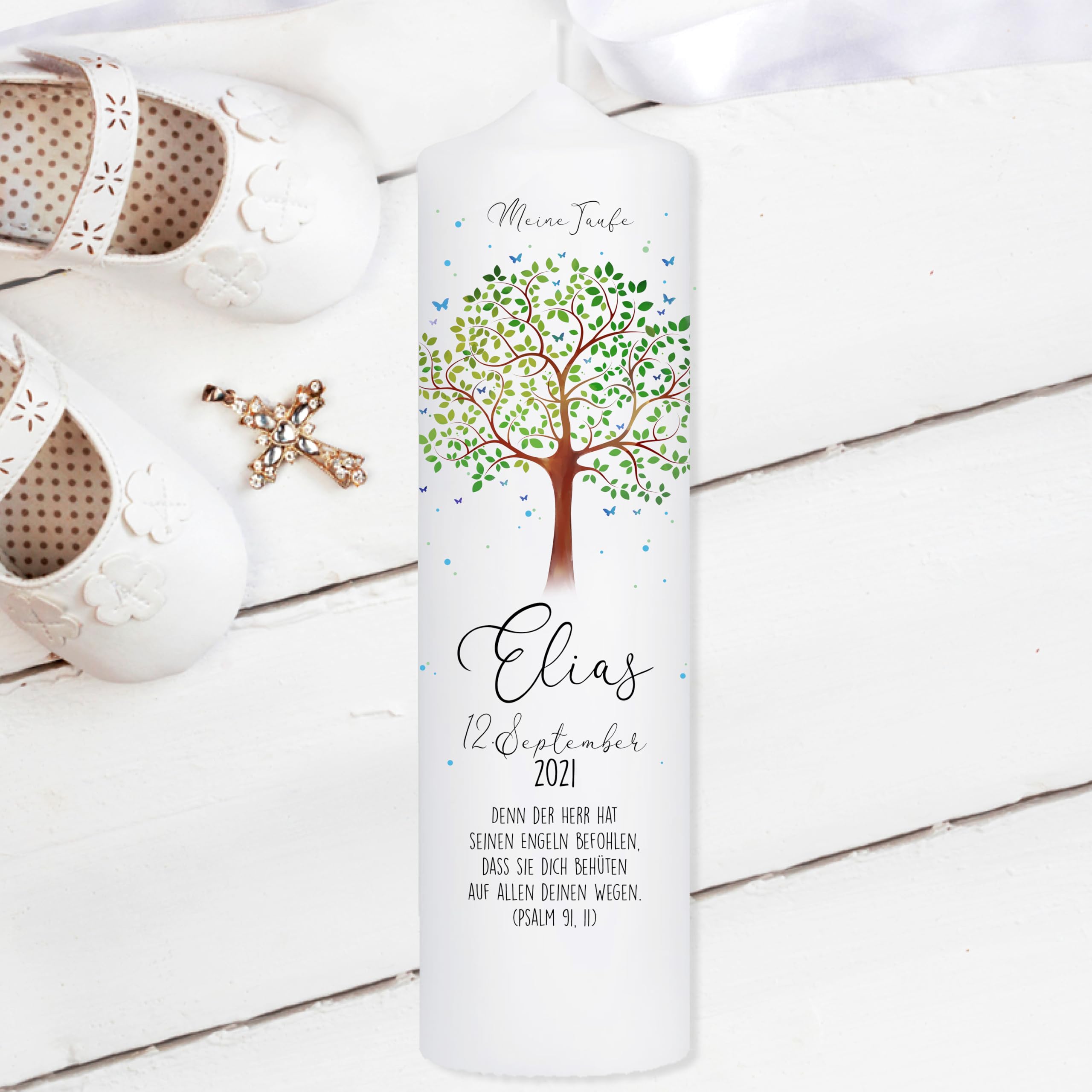 Bougie Baptême personnalisée Garçon motif Arbre de vie – Cierge Baptême avec prénom, date et message – Bougie imprimée – cierge personnalisé – 25 x 7 cm