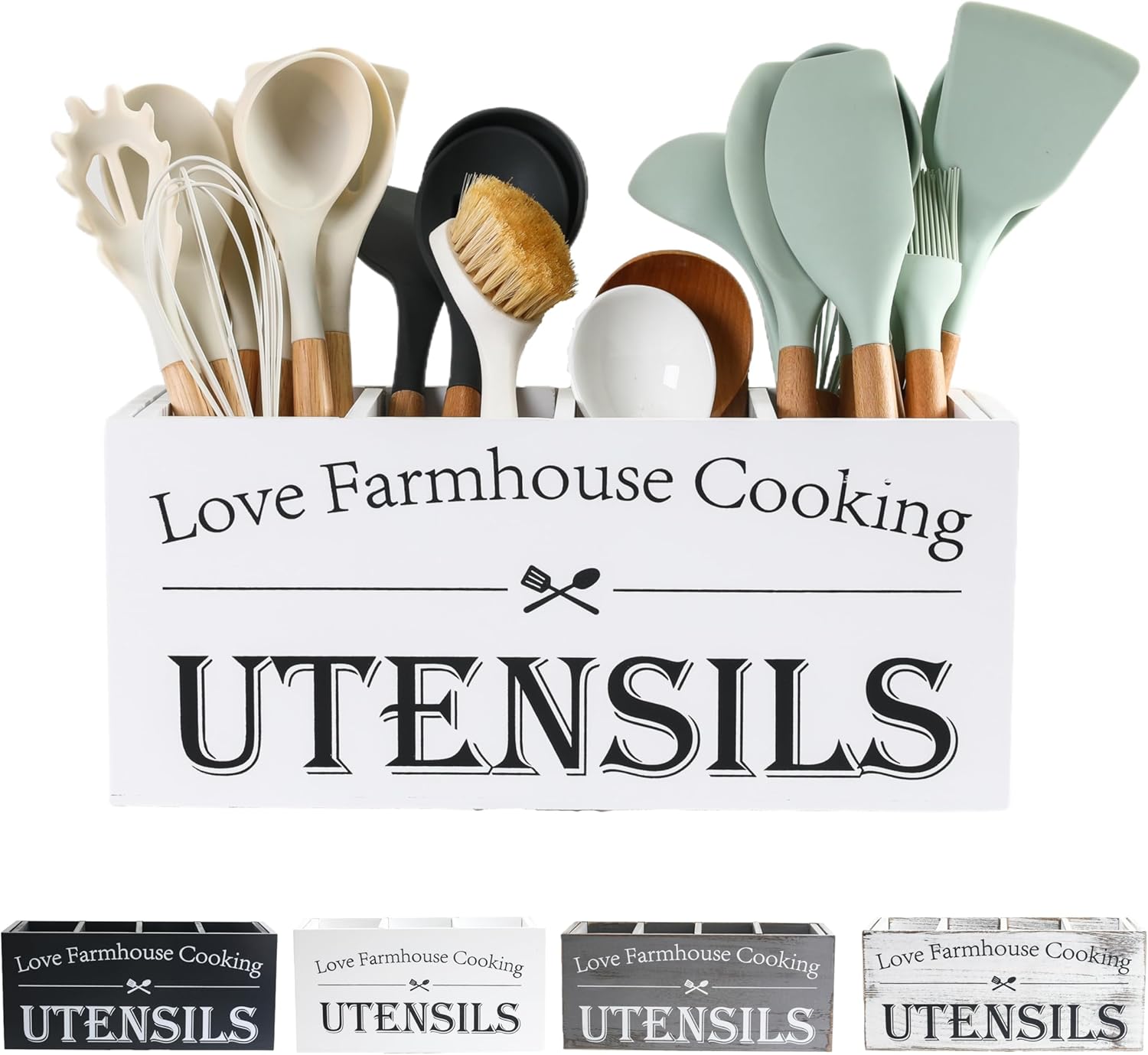 LIBODOUR Utensil Holder,Kitchen Utensil Holder For Kitchen Counter,Extra Large Cooking Spatula Organizer,Farmhouse Wooden Big Storage With 4 Compartments Rustic Flatware Spoon Tool Organizer （White）