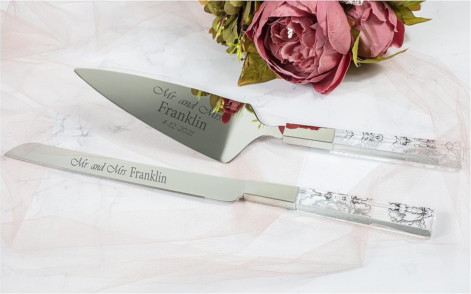 Lenox Bridal Silver Peony Personalized Wedding Cake Cutting Set, Custom Engraved Wedding Cake Knife and Server Set, Accessories and Gifts for Bride and Groom