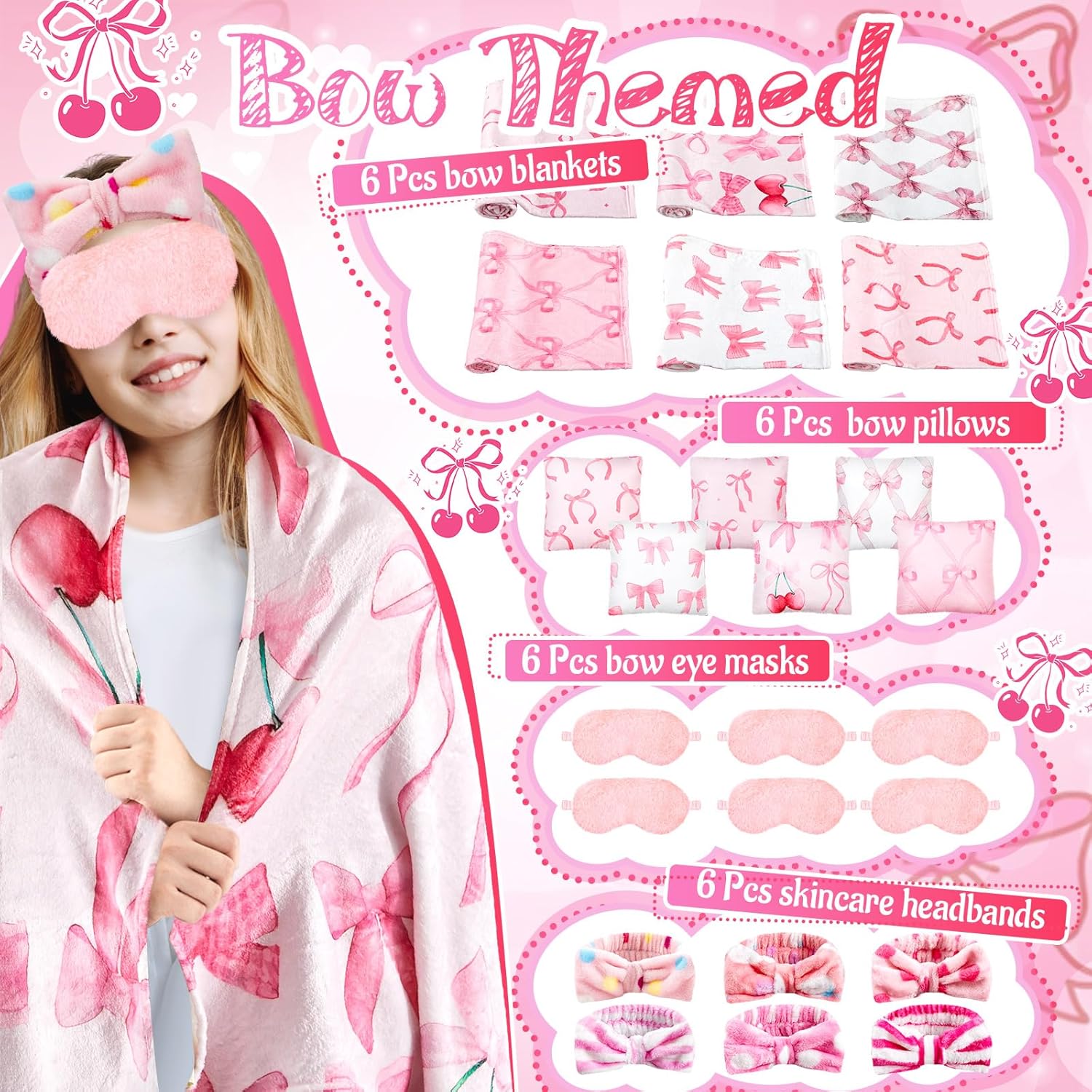 30 Pcs Sleepover Party Supplies for Girls, 6 Different Style Pink Bow Blanket 6 Coral Fleece Spa Headband 6 Pillowcase with Pillow Insert 6 Plush Eye Mask Covers, Sleeping Slumber Party Gift