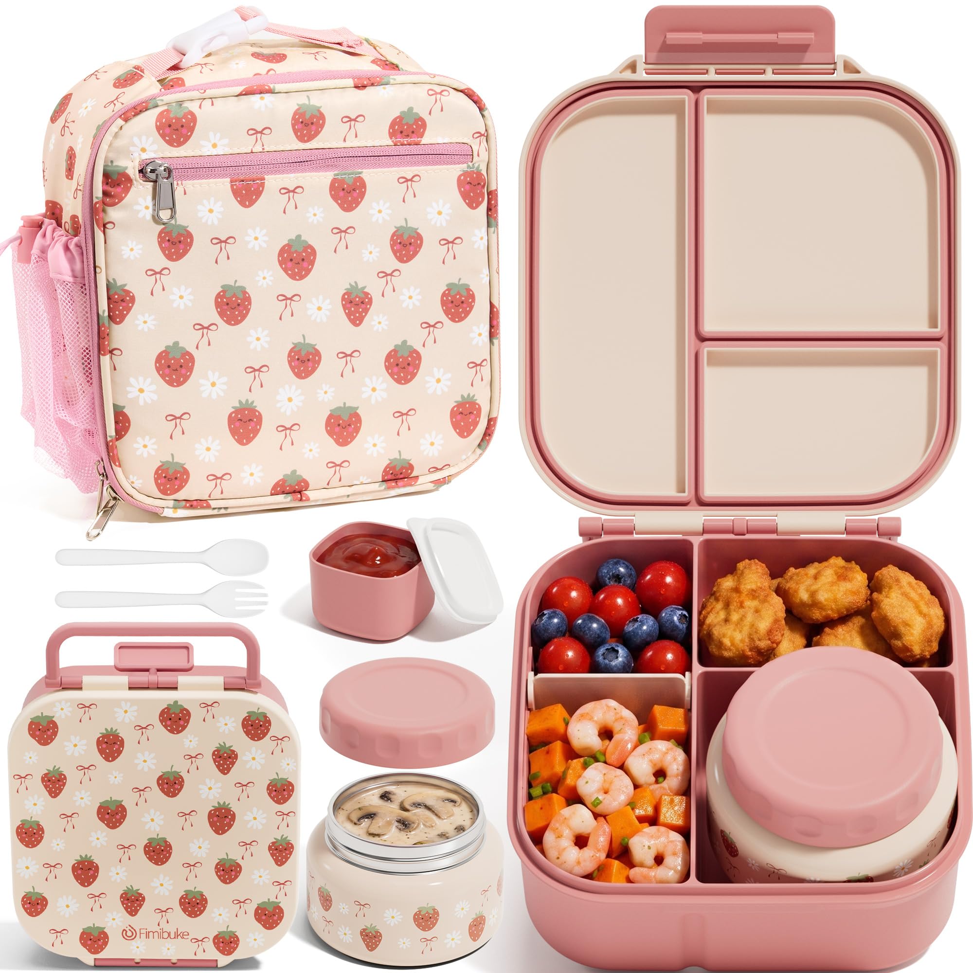 Fimibuke Kids Bento Lunch Box w/ 8.5oz Thermo Food Jar, Insulated Lunch Bag | Leak Proof 3-4 Compartments 60oz Toddler Lunch Food Container with Utensils, Sauce Cup for School Boys Girls, Dishwasher Safe