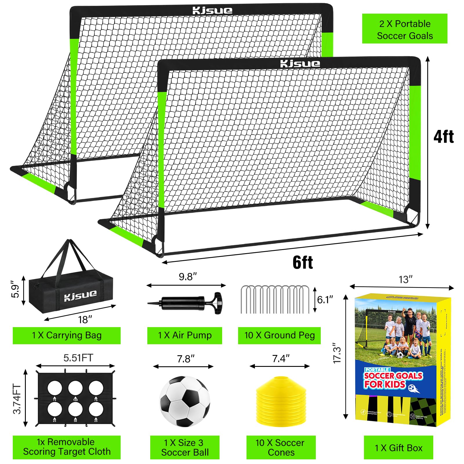 1 paquete de porterías de fútbol de 6 x 4, 6 objetivos, color verde