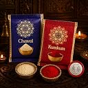 DeoDap Rakhi Set for Brother with Round Beaded Band, Choco Magic Chocolate 96 g, Roli and Chawal Tilak Set, Silver Colour Pooja Coin and Greeting Card gallery image