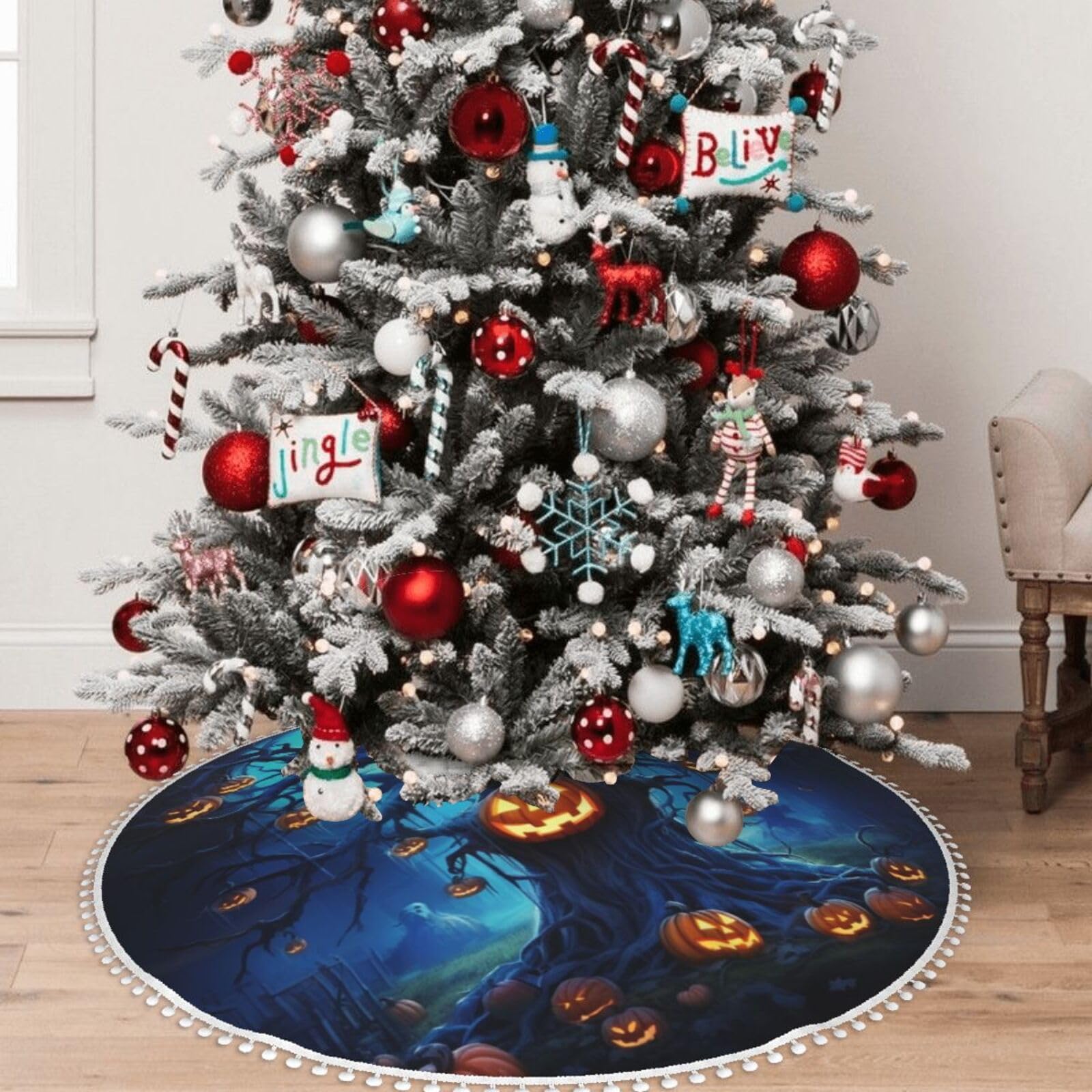 Jupe de sapin de Noël bleue 122 cm double couche rustique à pompons