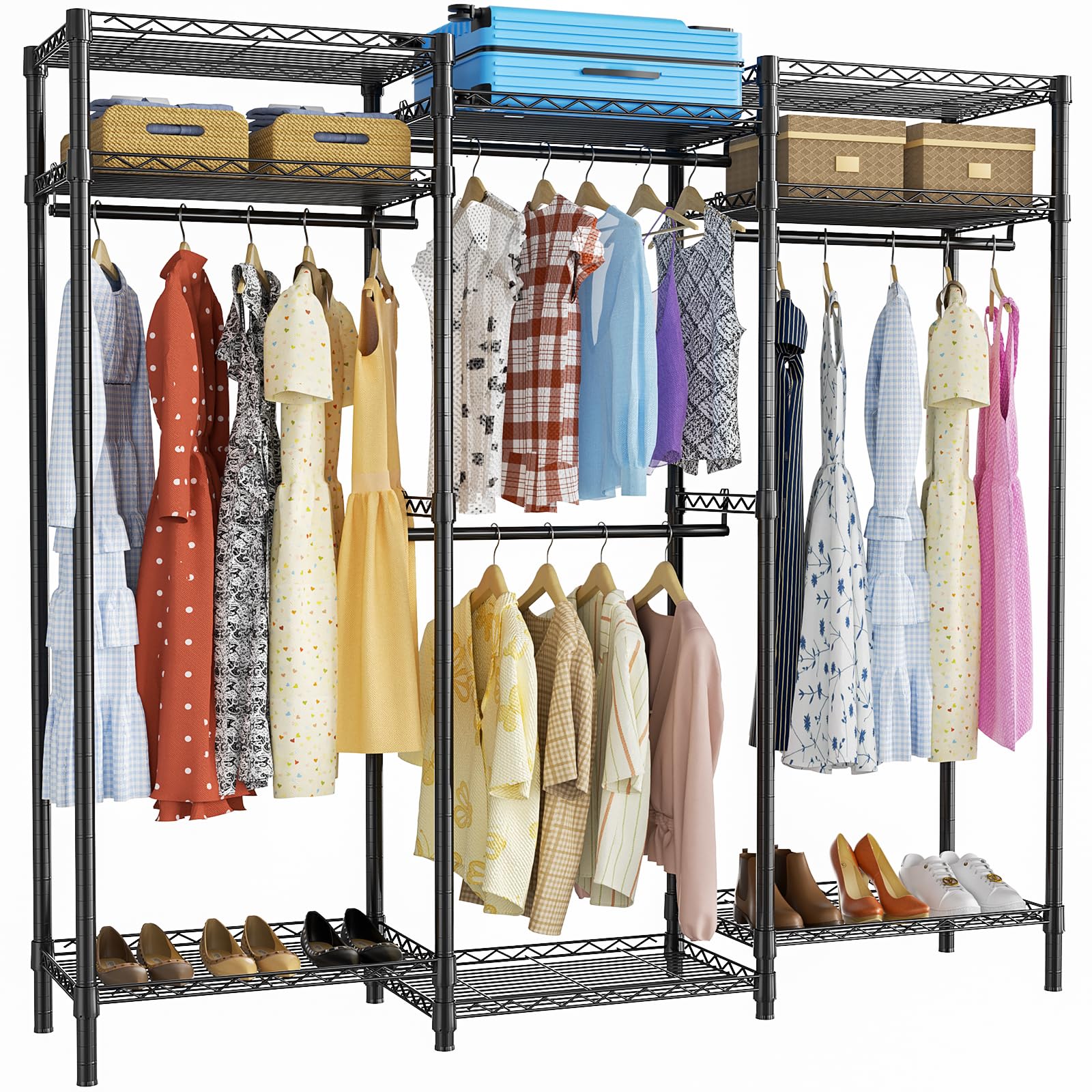 ROOMTEC Portable Closet Heavy Duty Clothes Rack Freestanding Wardrobe Closet Load 1000 LBS with Adjustable Wire Shelves, Hanging Rods, Hooks, 70.8