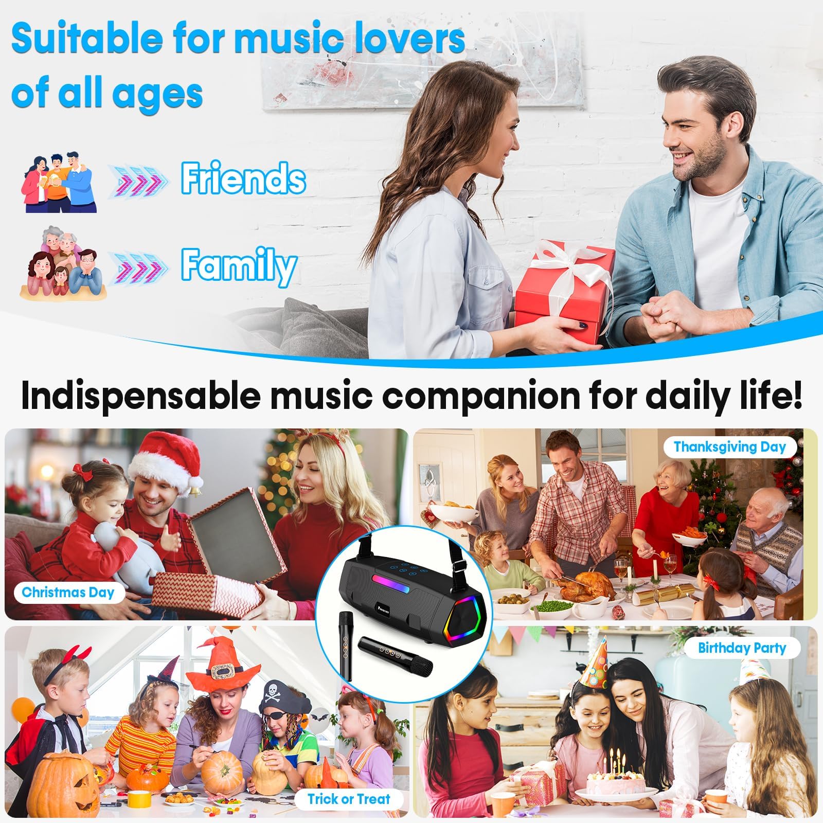 Macchina per karaoke portatile per adulti, ventilatore per karaoke: altoparlante Bluetooth da 40 W con 2 microfoni senza fili, per esterni, casa, festival, viaggi, feste, bambini, adolescenti,