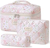 Vista 45 de HBselect Bolsa de Maquillaje Acolchada, 3 Piezas de Gran Bolsa de Maquillaje de Viaje de Algodón, Linda Bolsa de Maquillaje Floral Coquette, Bolsa