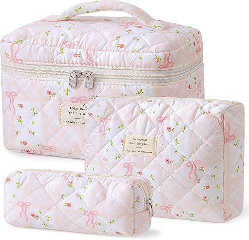 Miniatura 45 de HBselect Bolsa de Maquillaje Acolchada, 3 Piezas de Gran Bolsa de Maquillaje de Viaje de Algodón, Linda Bolsa de Maquillaje Floral Coquette, Bolsa