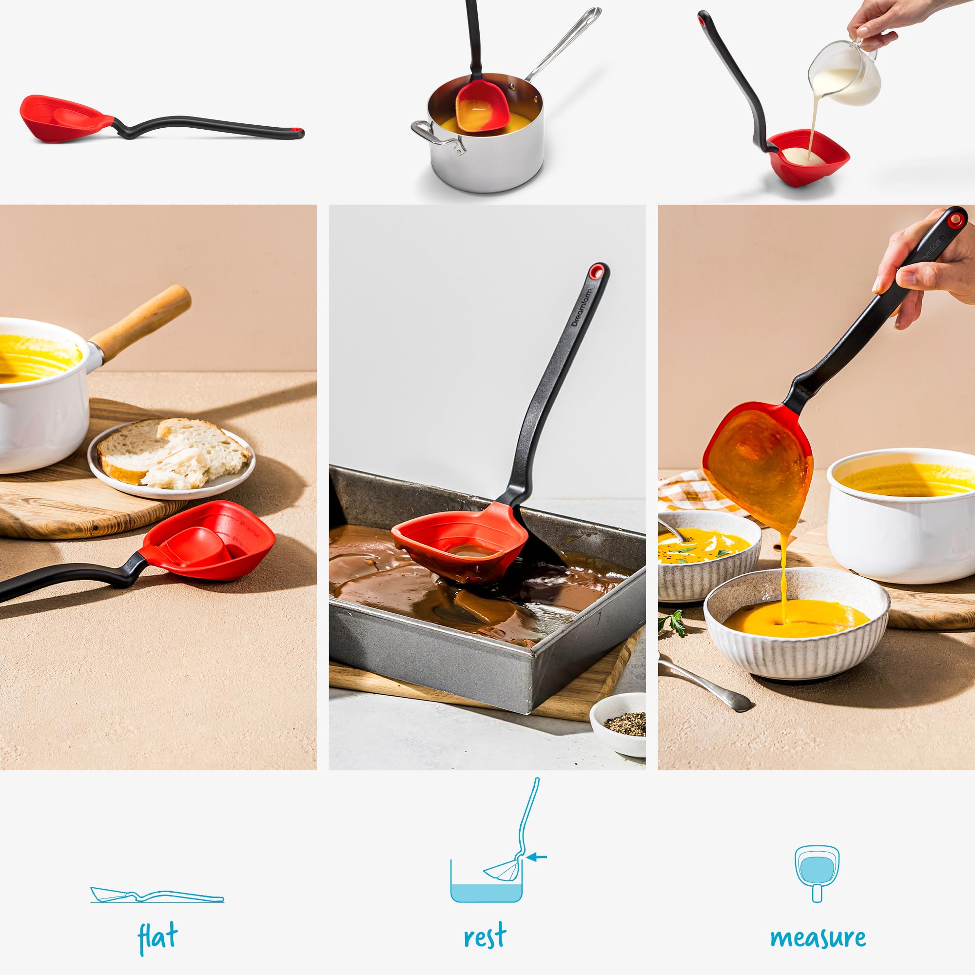 Dreamfarm Fladle - Cucharón plegable para servir y cocinar que ahorra espacio, mide hasta 1/2 taza con punta de espátula de silicona, 12 pulgadas, color rojo