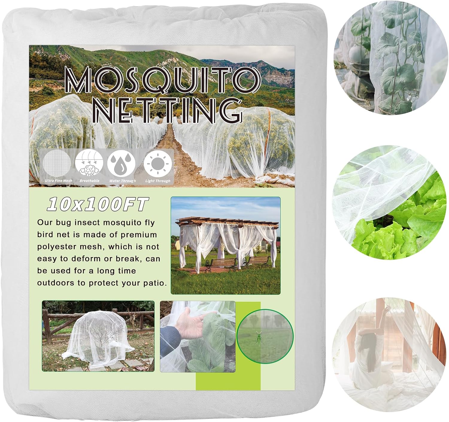 White Mosquito Netting 10x100Ft DIY Garden Mesh Netting, Bird Cover Net