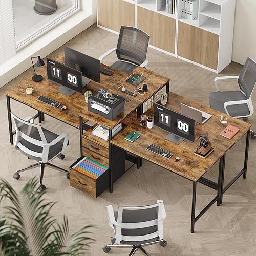 Miniatura 7 de GYIIYUO Escritorio para dos personas de 93 pulgadas con estación de carga, escritorio largo con 3 cajones de tela y estante para impresora,