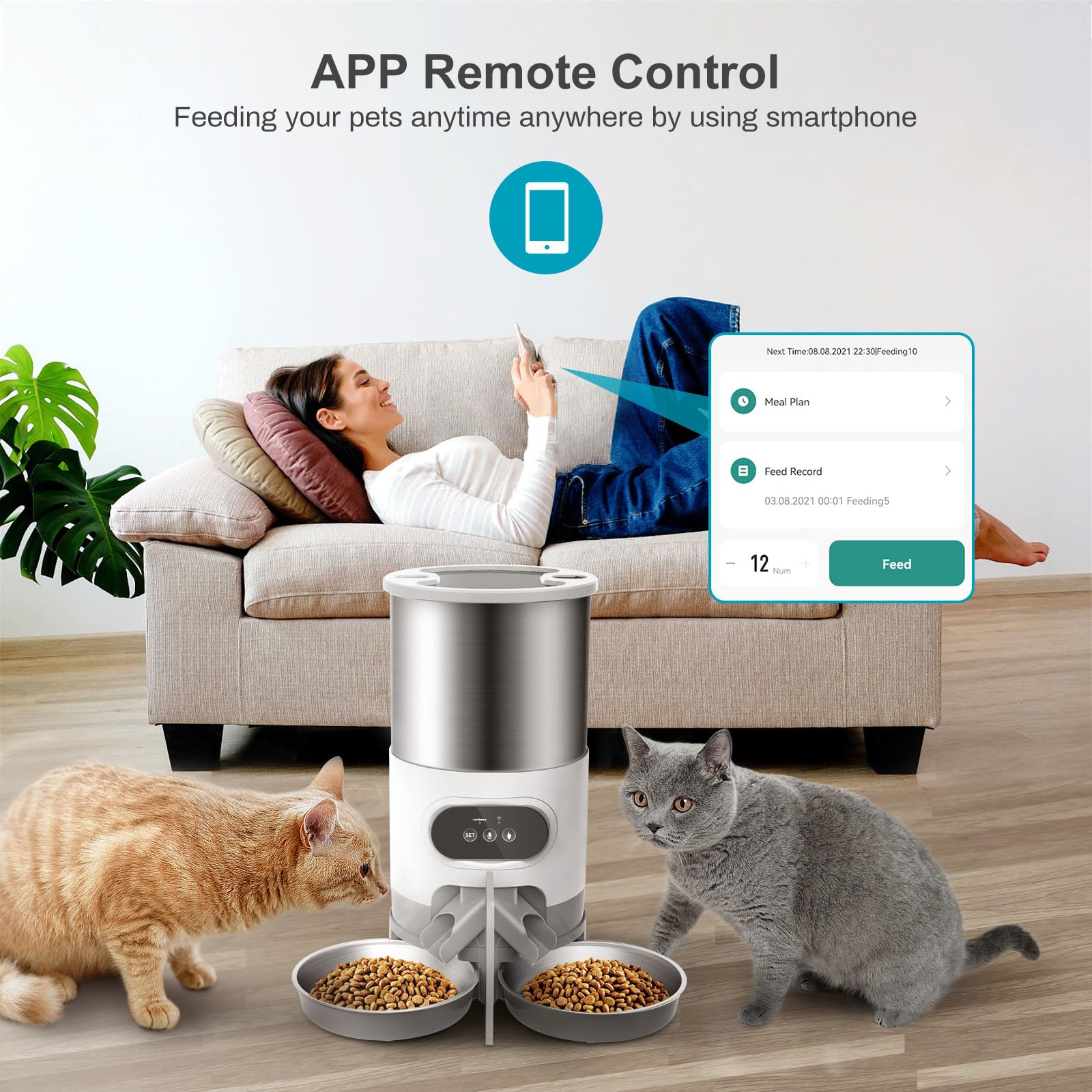 ERICAT Comedero Automático para Gatos, Dispensador De Comida para Gatos con Reproducción De Voz Y Grabadora De Voz De 10s, 4 Comidas por Día, para Gatos, Perros Grandes, Múltiples Mascotas