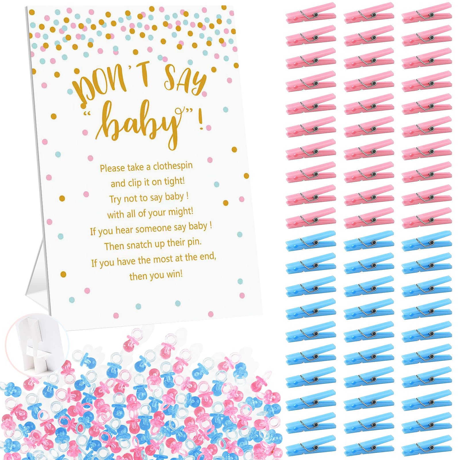 Don't Say Baby Shower Clothespin Game Boy and Girl Includes 8x11 Standing Sign, 60 Mini Purple Clothes Pin, 60 Mini Pacifiers