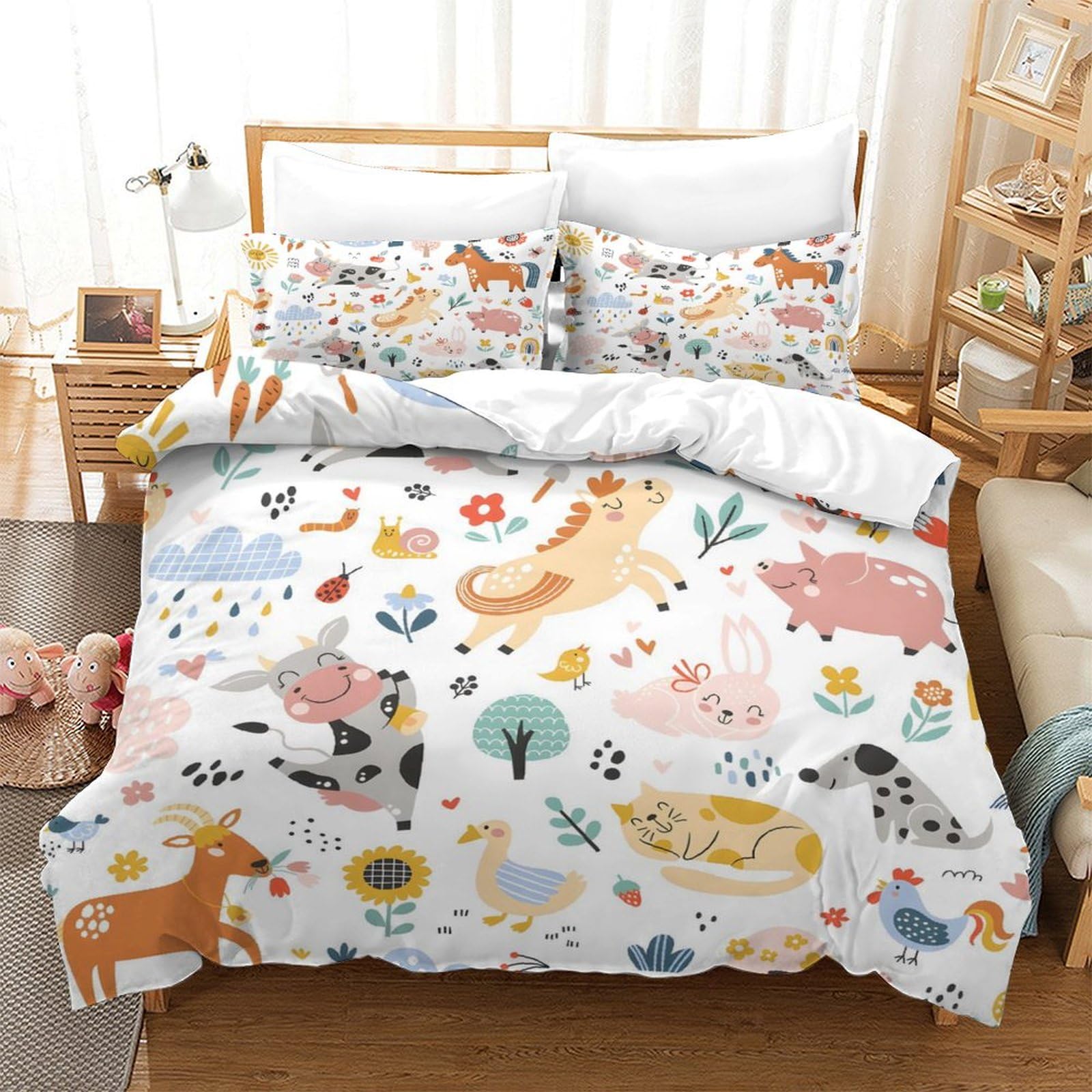 LIAOHENKAN Cute Farm Animals Full Size Comforter Set for Teens Adults 3Pcs Soft Microfiber Bedding Set with Zipper Closure Breathable Quilt Set Ultra Soft Room Decor Single（140x200cm）