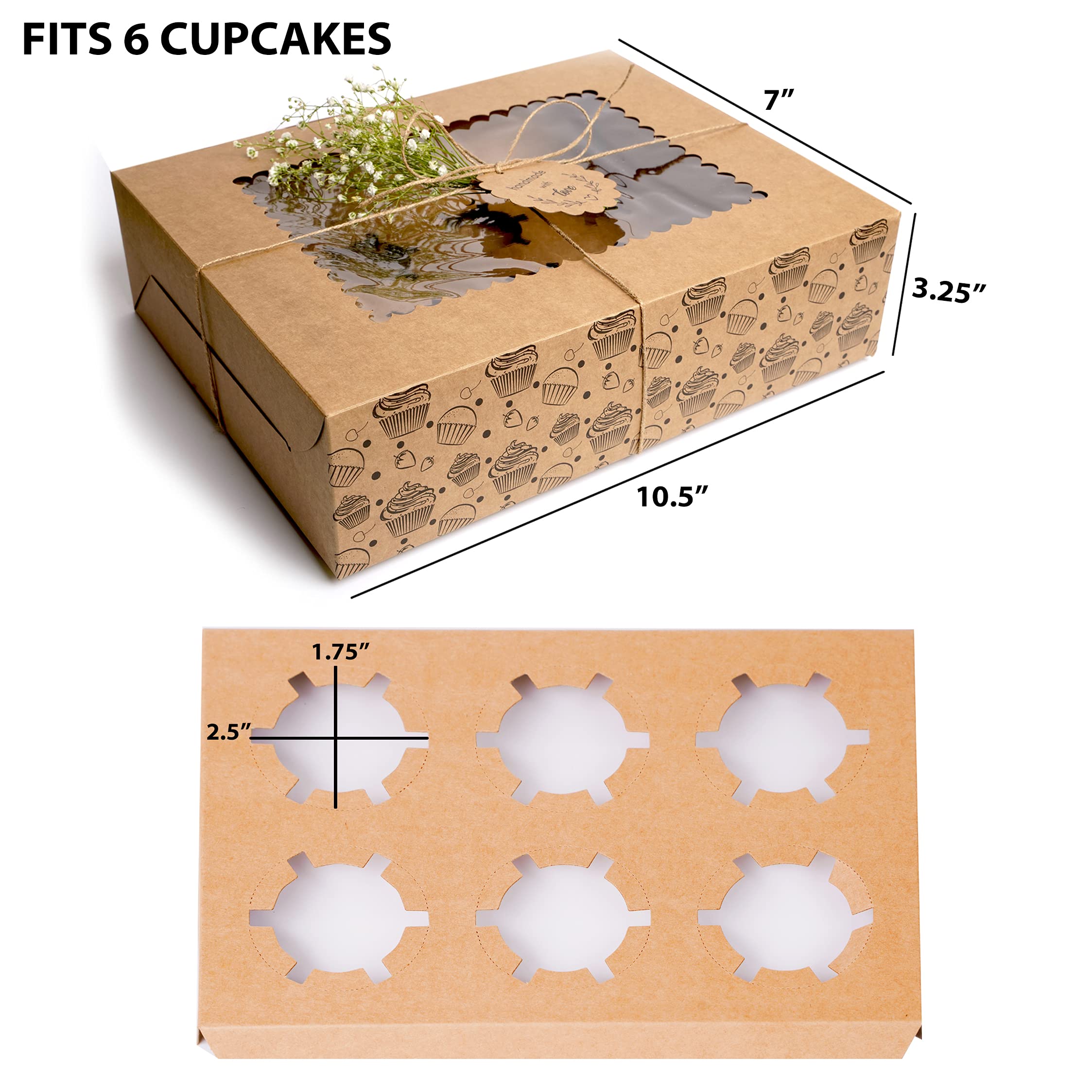 mudrit Pudełka na 6 babeczek lub muffinek (20 sztuk), w zestawie tacki do wkładania, zawieszki i sznurek jutowy, papier
