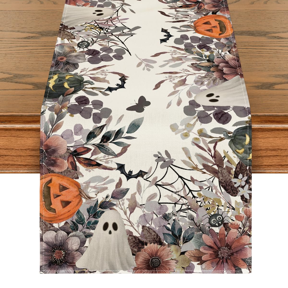 Artoid Mode Pumpkins Ghost Flowers Leaves Halloween Table Runner 40x180 cm