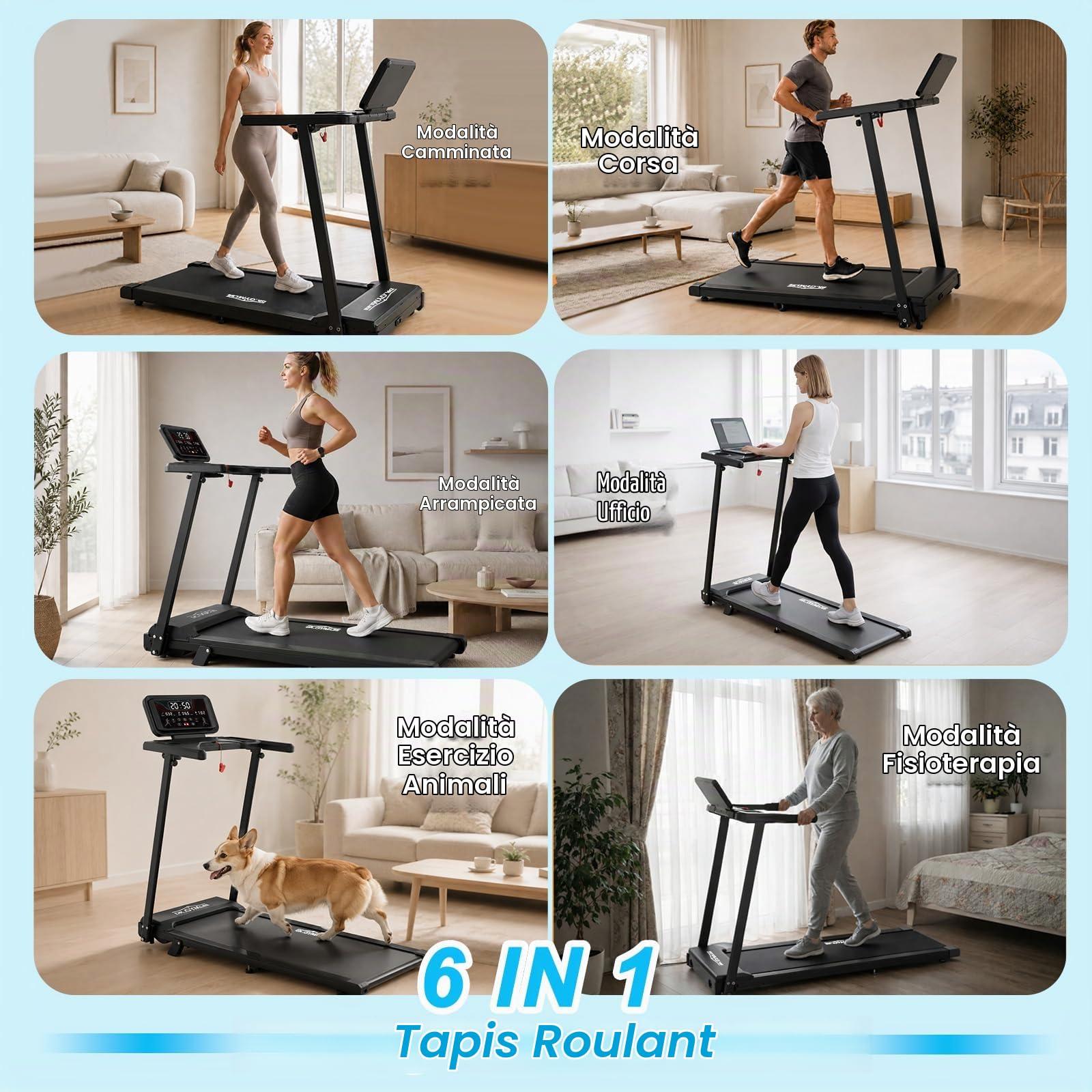 Tapis Roulant 1–12 km/h con design pieghevole, inclinazione 0–10%, 6 in 1 Walking Pad per casa e ufficio, motore silenzioso 2,5 CV, superficie di corsa 105 × 42 cm, capacità 136 kg