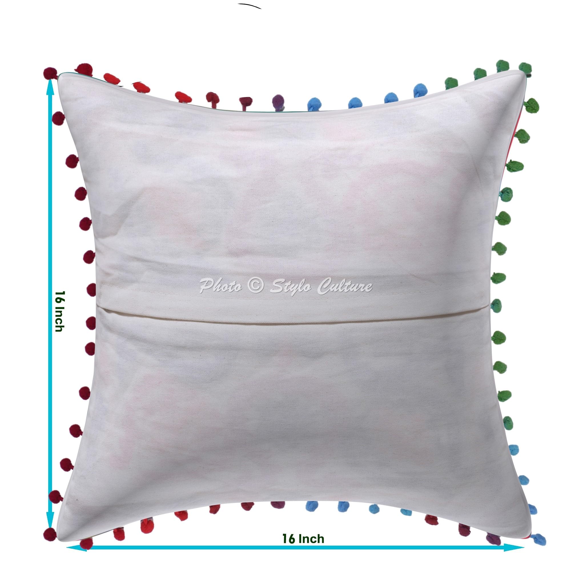 Indische Dekorativ Baumwolle Couch Kissenbezüge 40x40 cm Weiß Dekokissen Suzani Bestickte Pom Pom Spitze Schlafzimmer Sofa Kissen Bezüge Blumen Quadrat Kissenhullen - 4 STK.