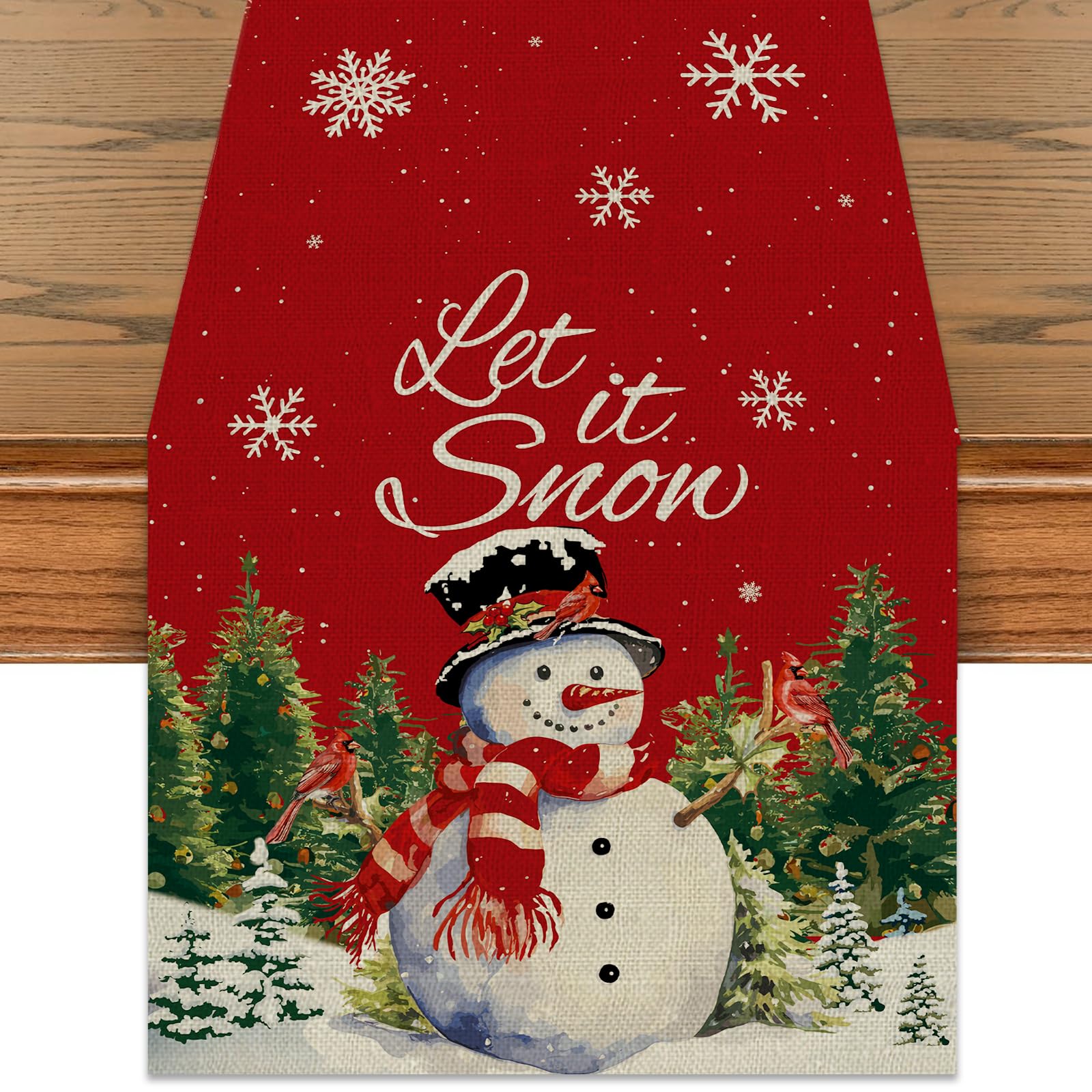 Amazon.co.jp: クリスマステーブルランナー 雪だるま Let It Snow Red