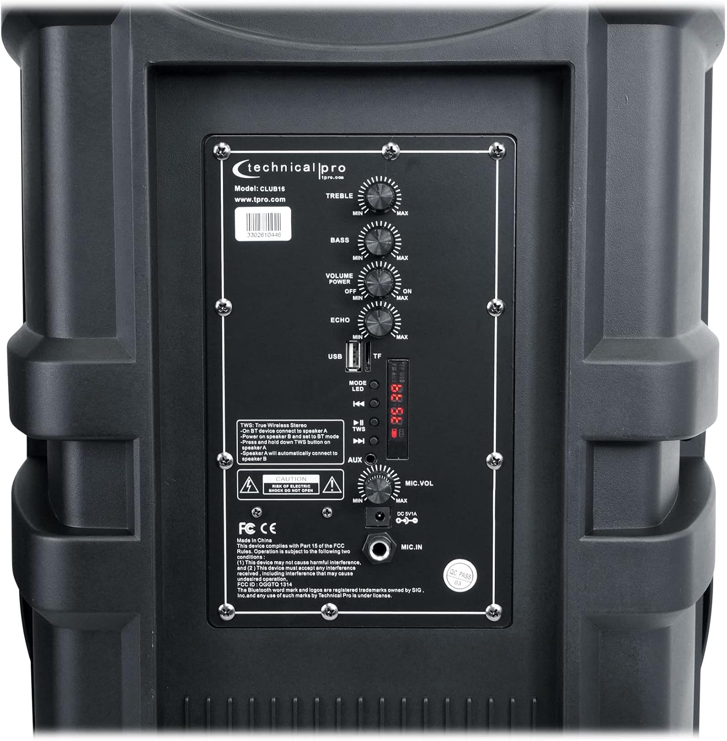 Close-up of the rear control panel of a Technical Pro CLUB15 speaker, showing various inputs and knobs.