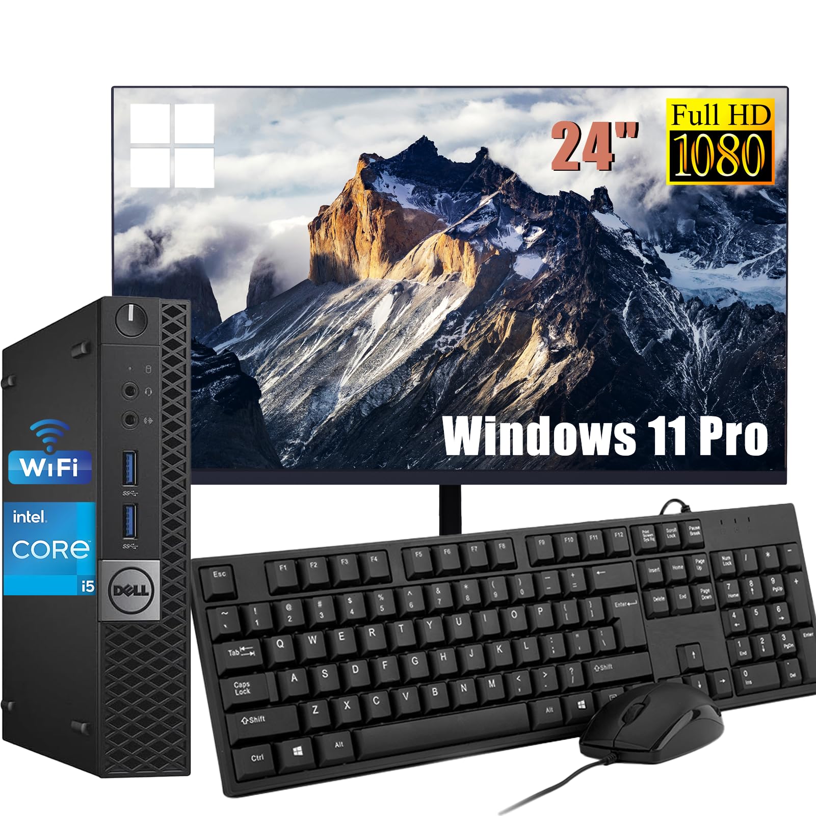 Dell Optiplex 3040 Mini Computer PC mit 24 Zoll Monitor, Intel Core i5-6500, 8GB RAM, 256GB SSD, US Keyboard QWERTY, WiFi, Bluetooth, Windows 11 Pro (Renewed)