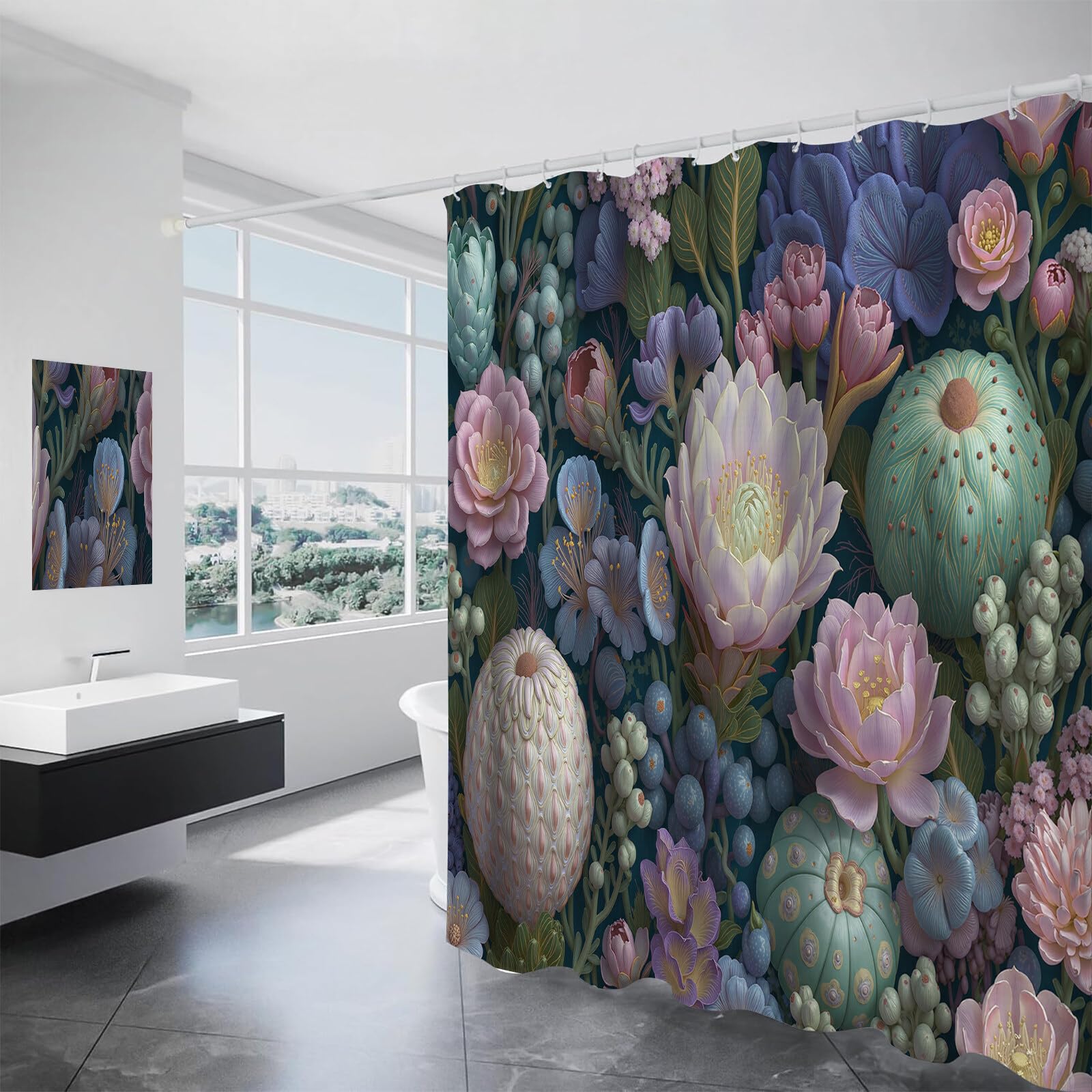 Rideau Douche,Rideau Baignoire Lavable en Machine Rideaux Douche Tissus Lavable Rideau De Baignoire Lavable pour Salle De Bain Domicile Baignoire Famille,Illustrations De Jardin,