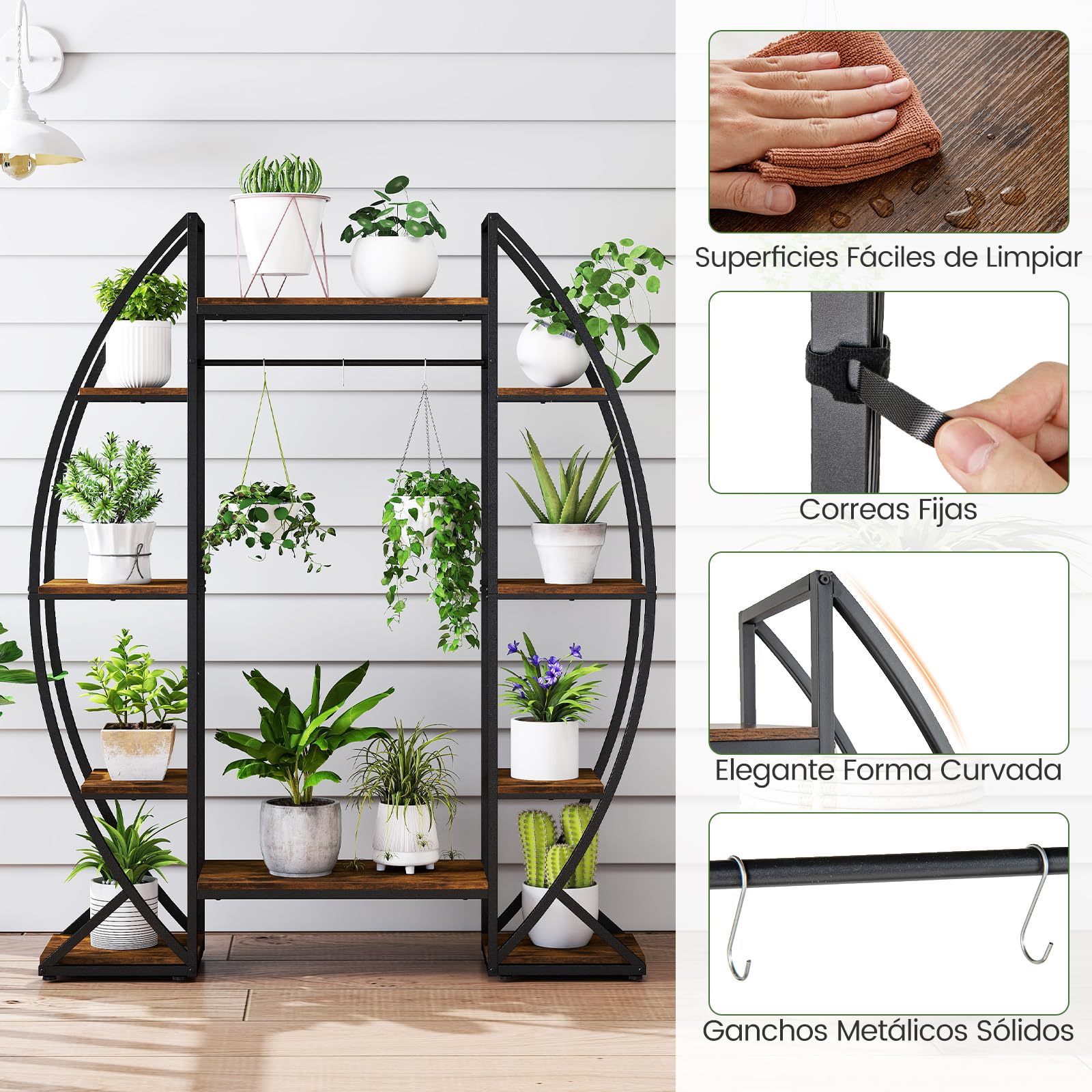 COSTWAY Soporte para Plantas de Interior con Luces de Crecimiento, Estante Metálico en Esquina con 10 Niveles, Estantería para Macetas Grandes, Estante Decorativo con Curvas para Salón Balcón