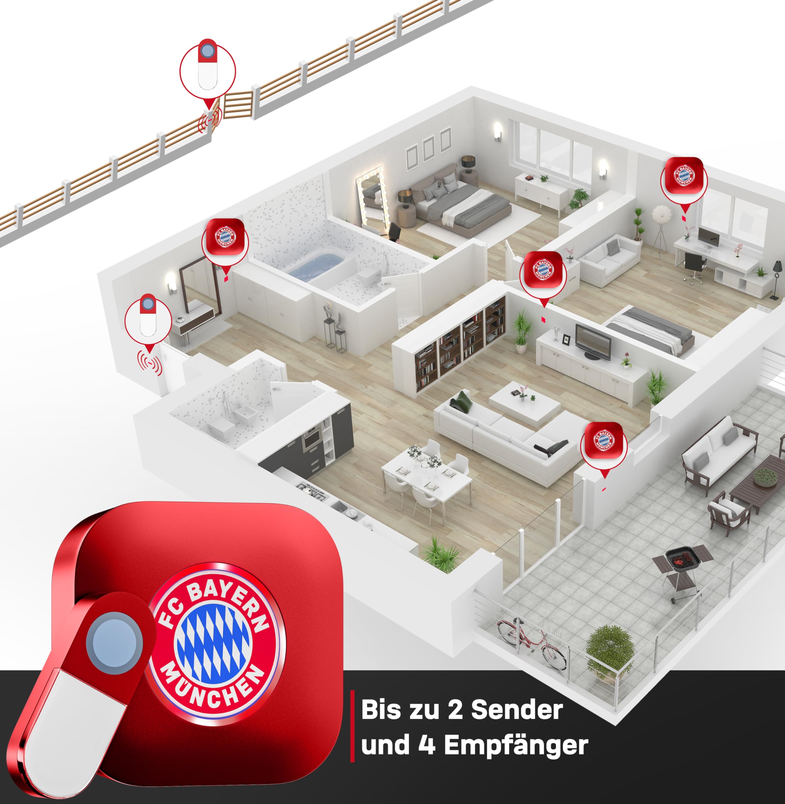 Heidemann Kit de carillon radio FC Bayern München, étoile du sud, FCB, jusqu'à 89 dB, résistant aux intempéries, avec piles, dimensions 135 x 80 x 95 mm, poids 300 g