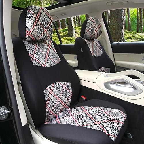 Miniatura 3 de TLH Fundas universales para asiento de automóvil, diseño de tartán57, estampado a cuadros, juego completo en tela plana, accesorios interiores de