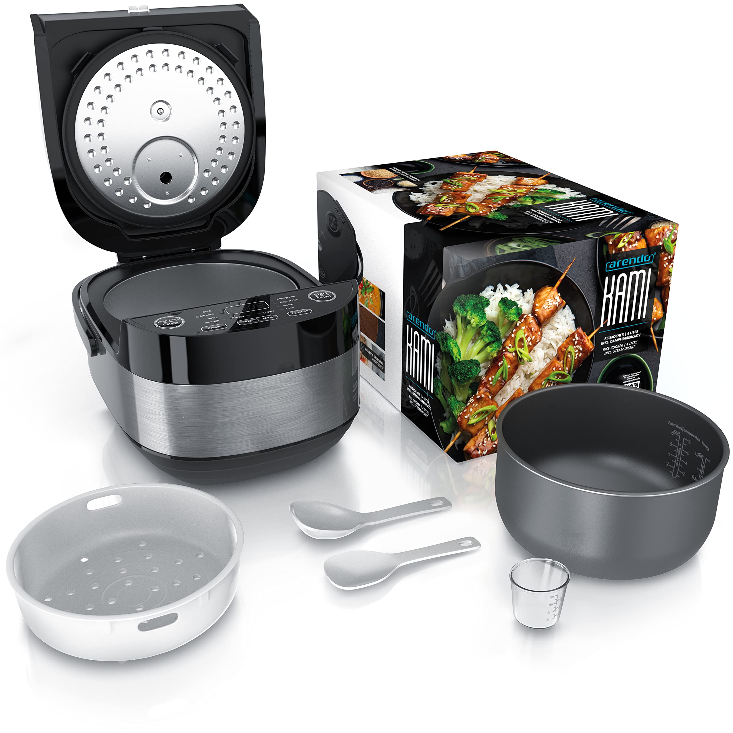Arendo - Reiskocher Multikocher digital und Dampfgarer 4L – 3D Heizsystem – 8 Programme – Warmhaltefunktion – Timer – Antihaftbeschichtung - inkl. Dampfgareinsatz, Messbecher, Reislöffel, Schwarz