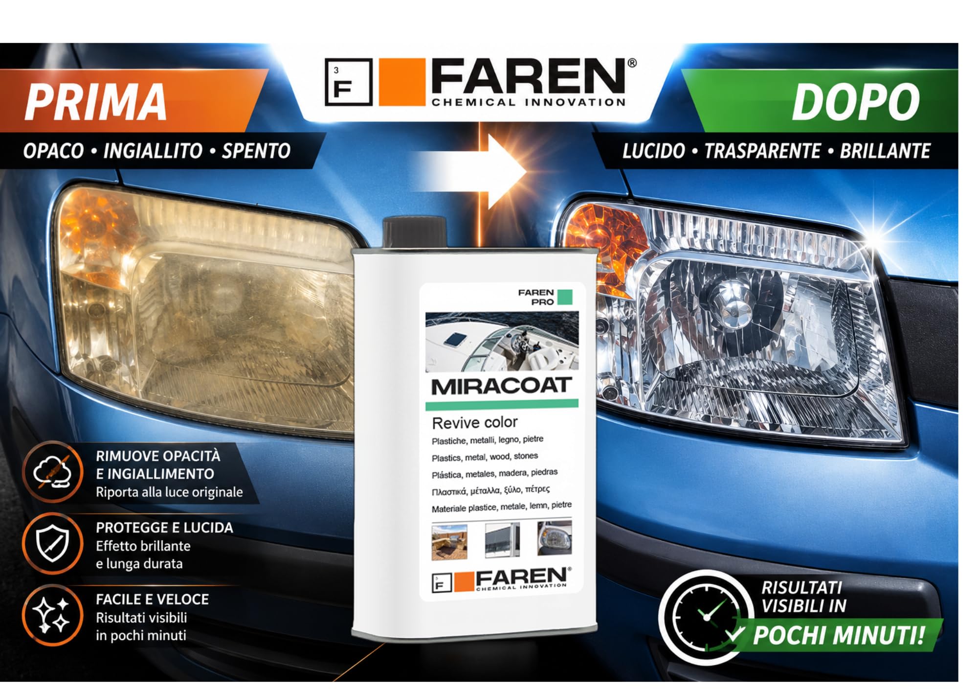 Faren MIRACOAT, Protettivo e Rigenerante,Ravviva Colore, per Plastica, Marmo, Granito, Pietra, Cemento, Metalli Lucidati e Cromati, Senza Siliconi, 500ml