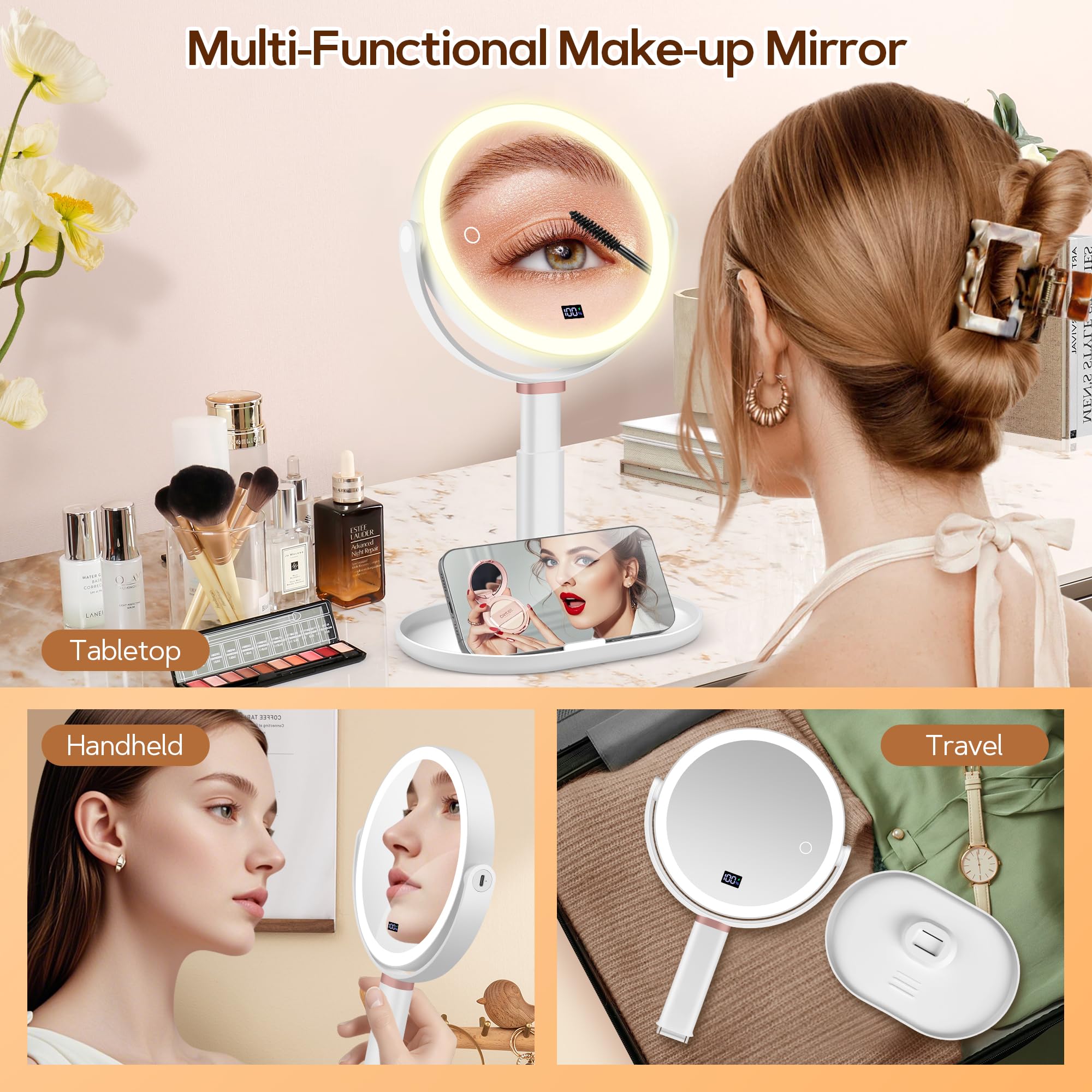 B Beauty Planet Espejo Maquillaje con Luz, 30X/1X Espejo Aumento con Luz, Doble Cara, Espejo de Maquillaje Iluminado Pinzas, 3 Modos de Color con Brillo y Altura Ajustable (Blanco)