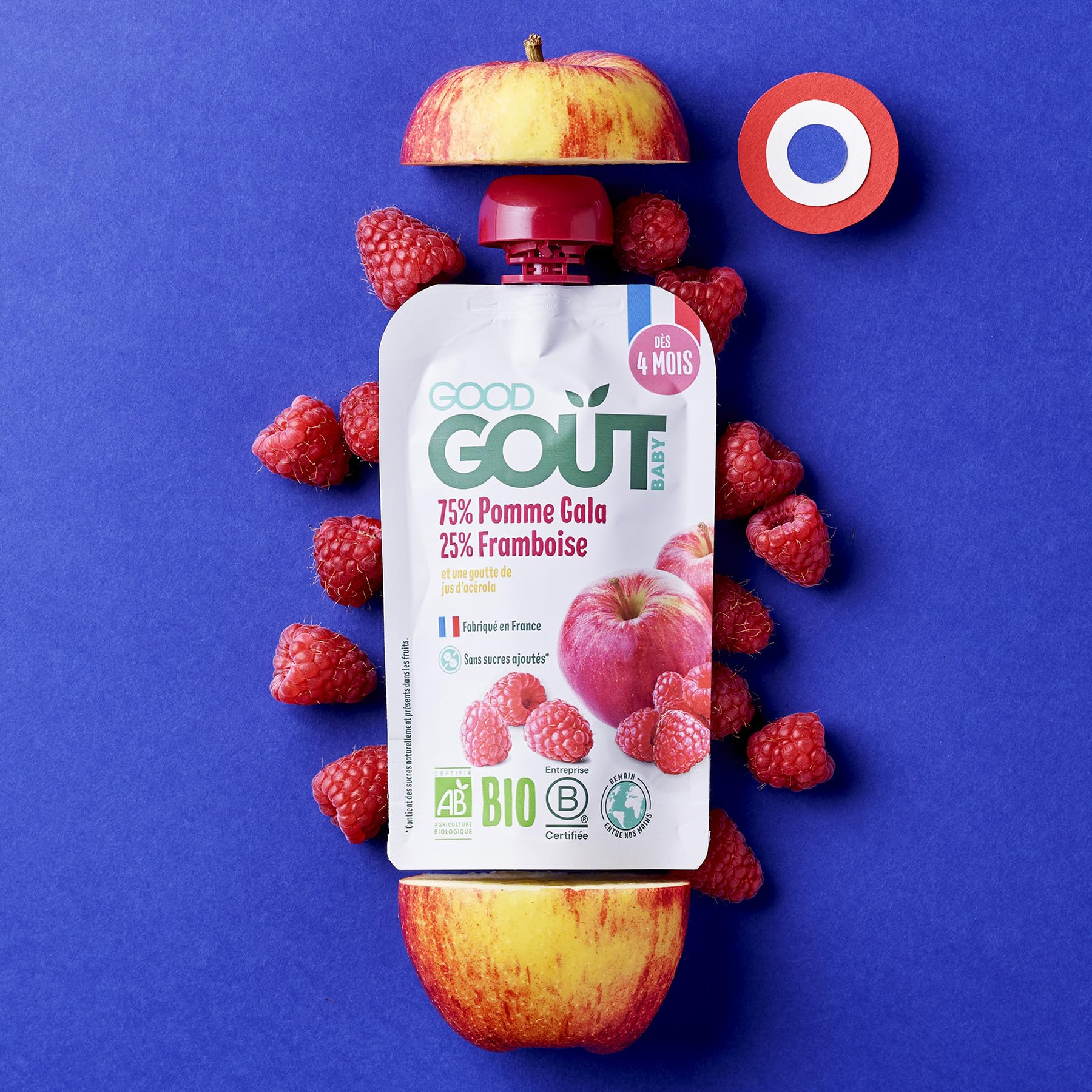 GOOD GOÛT - Gourdes Pomme Framboise - Purée Bébé - Dès 4 Mois - 75 % Pomme, 25 % Framboise - Sans Sucres Ajoutés - Fabriqué En France - 10x120g (L'emballage peut varier) - 4