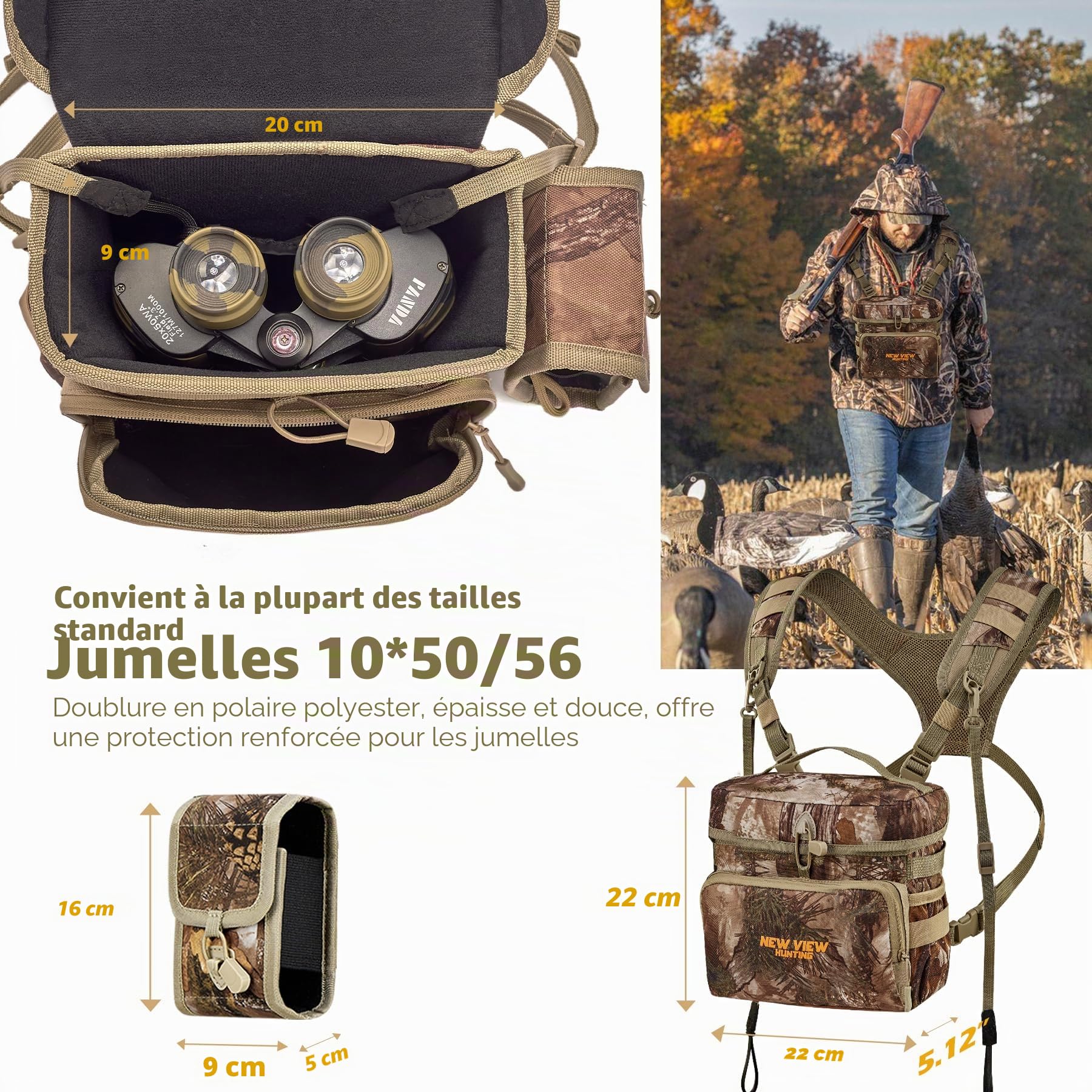 New View Sac à dos pour jumelles avec poche amovible pour compteur de distance, sangle réglable pour jumelles et protection contre la pluie Idéal pour la chasse, la randonnée et