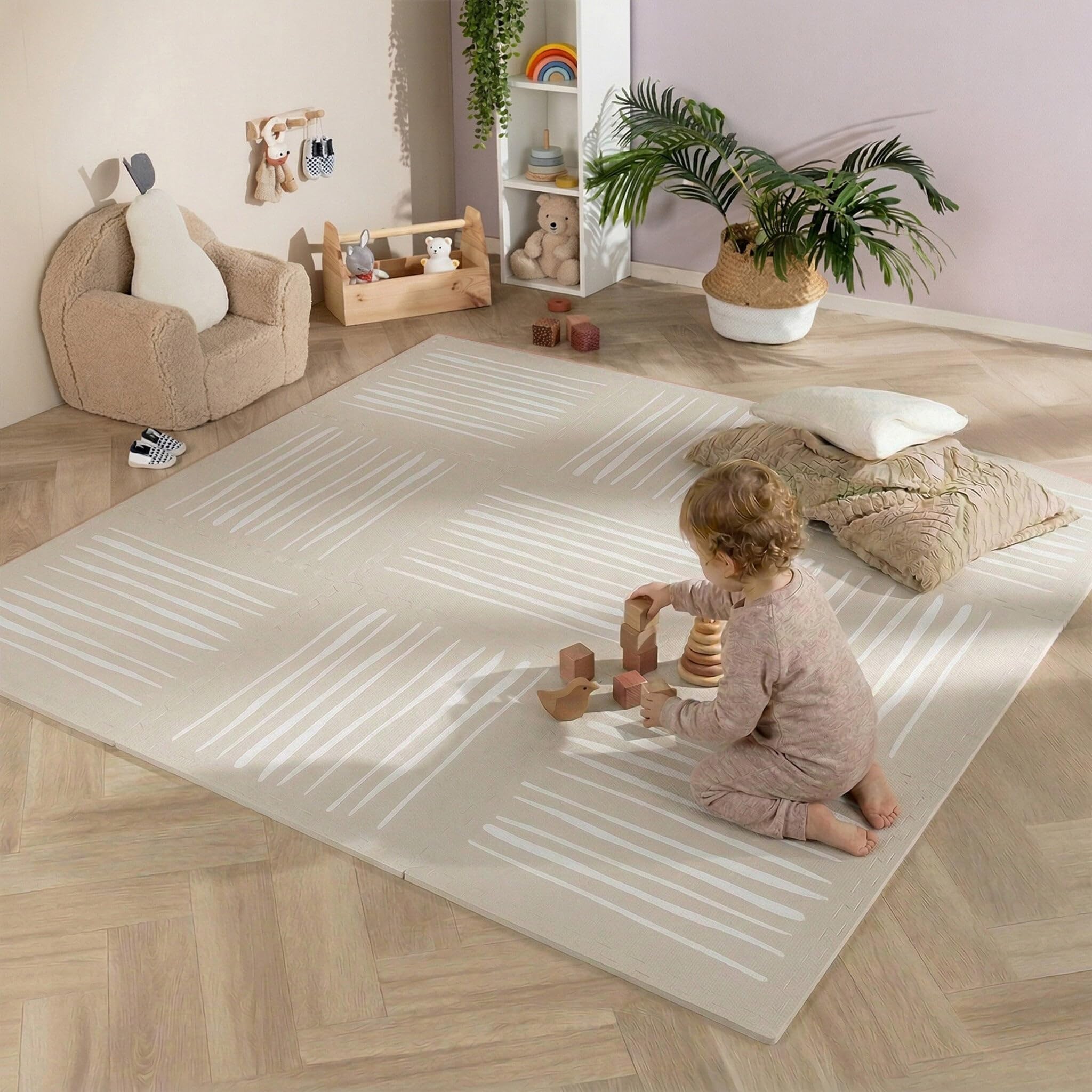 FRAAI | Home & Living Mata piankowa Puzzle - Alfie XL Stripes Szara/Beżowa - Pianka EVA - - Dywan