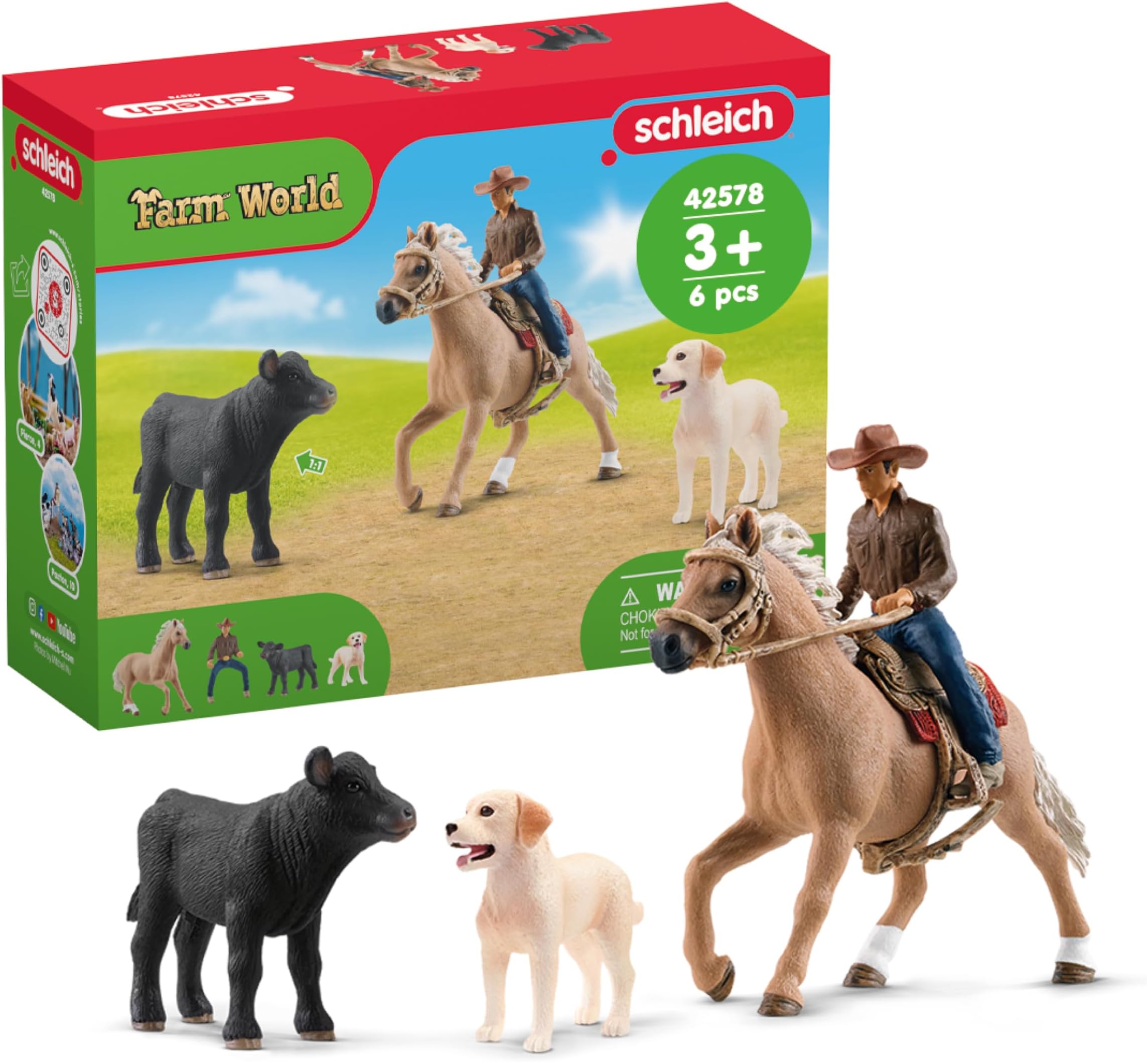 Farm World - 6PC Rodeo Calf Adventure Playset - Cowboy Rider Figurine with Horse Figure, Cow and Dog - Realistic Western Rodeo Farm Toys and Accessories - Kids and Toddlers Ages 3+ | 42578