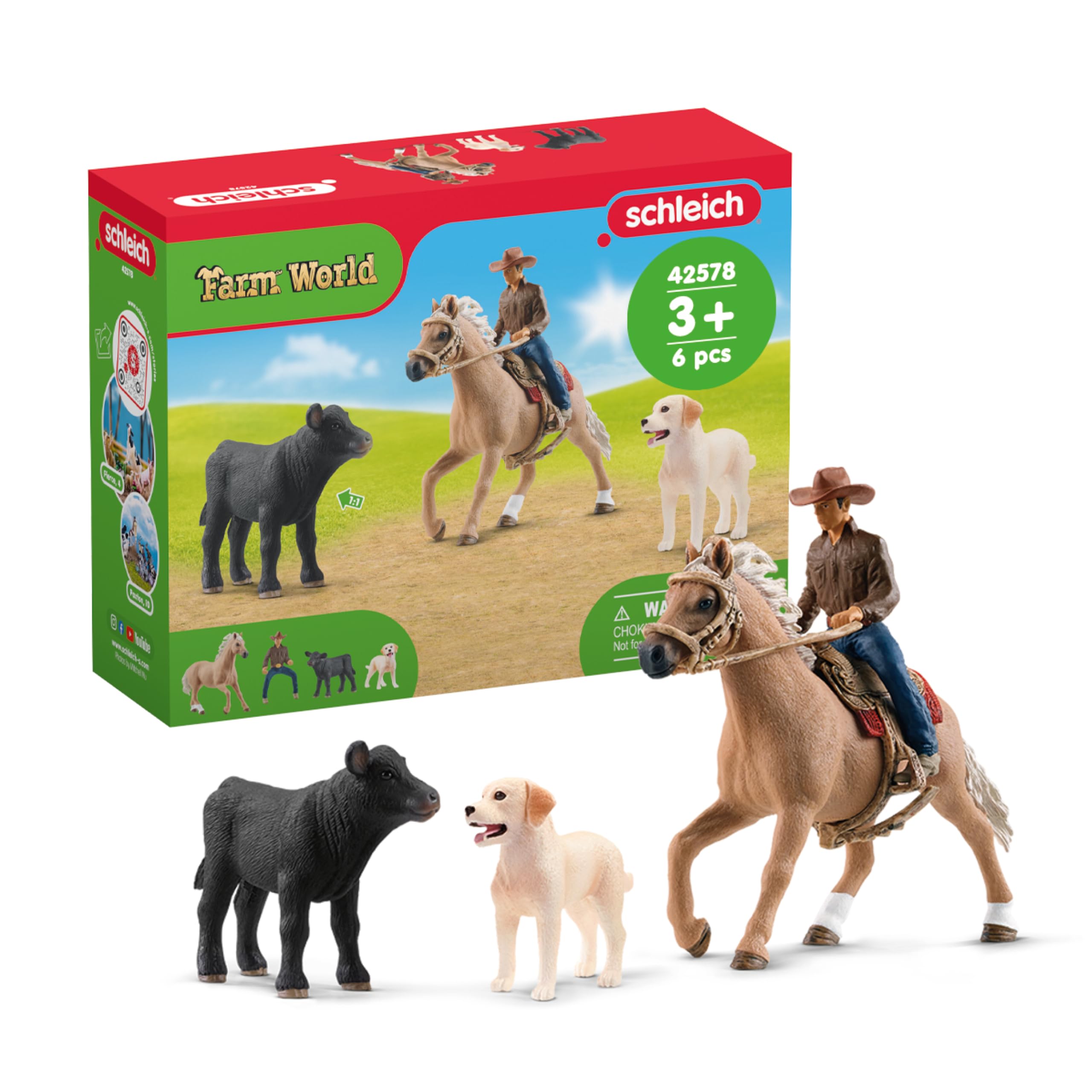 Schleich Farm World - 6PC Rodeo Calf Adventure Playset - Cowboy Rider Figurine with Horse Figure, Cow and Dog - Realistic Western Rodeo Farm Toys and Accessories - Kids and Toddlers Ages 3+ | 42578