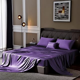 Queen Size Sheet Set 4 Piece Purple Bamboo Bed Sheets Soft Cooling Sheets for Hot Sleepers Fitted Sheet 16" Deep Pocket Best Luxury Hotel Collection Washed Wrinkle Free Breathable Flat Sheet