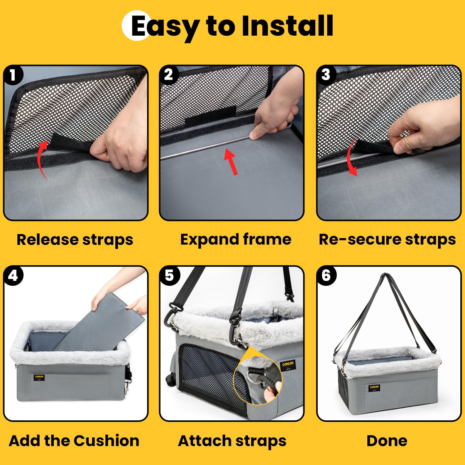 Conlun Dog Car Seat Booster for Small Pet Under 20lbs, Portable Travel Puppy Car Seat with Internal Steel Frame, Comfort Cushion & Storage Pockets, Adjustable Straps Fit Most Cars, Grey - image 8