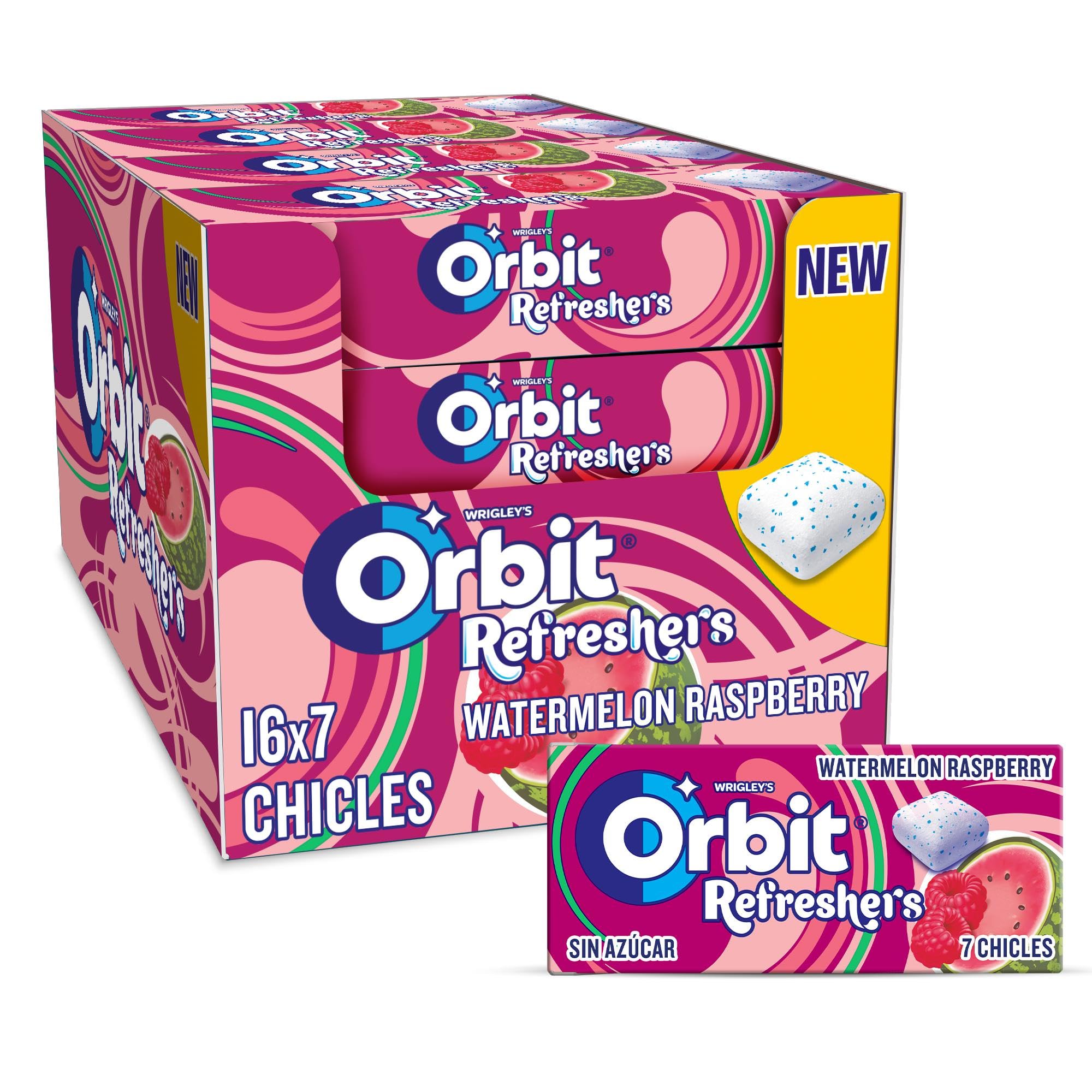 Orbit Refreshers Chicles sin azúcar sabor sandía y frambuesa, 16 paquetes